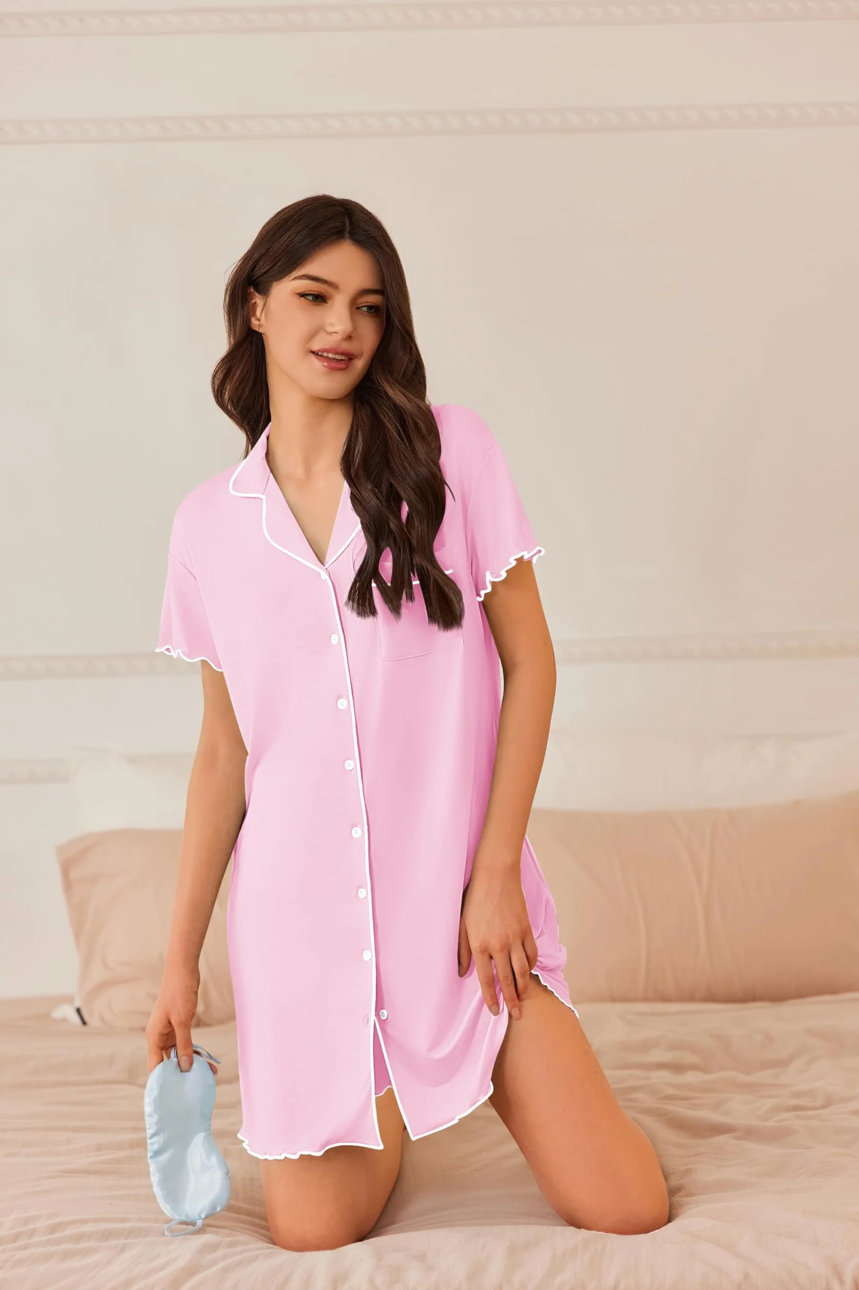 Ekouaer Camicia da Notte Donna Estiva in Due Pezzi Indumenti Maniche Corte Pigiama con Bottoni Confortevole Abito da Notte Aperta Davanti Scollo a V
