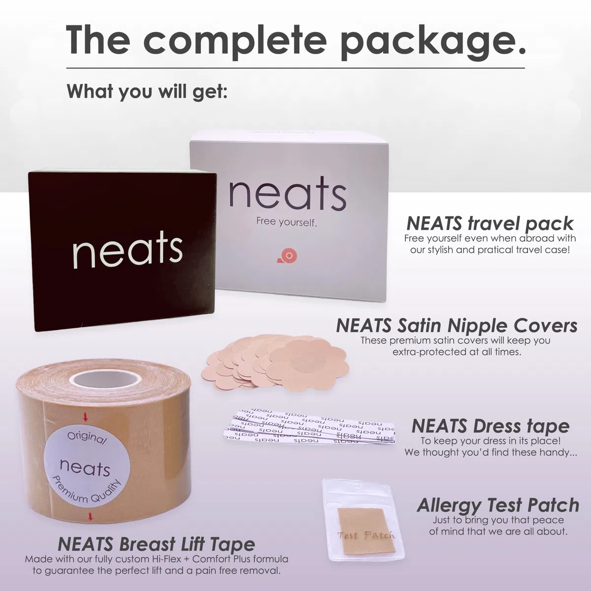 NEATS Boobytape ipoallergenico per sollevamento del seno, senza cuciture, senza spalline, per petto, corpo, vestito, top, nastro di sollevamento per donne con copertura per capezzoli e nastri alla