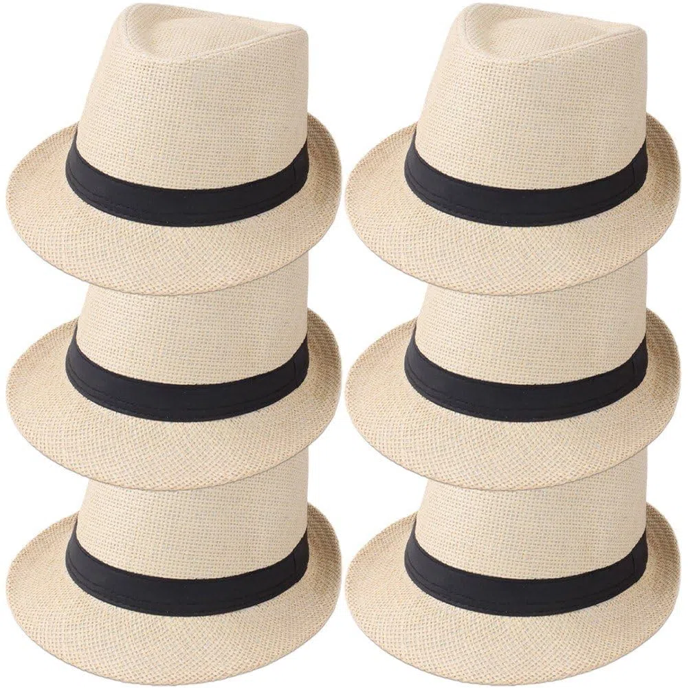 Sanfly 6 Pezzi Cappelli Fedora in Paglia a Tesa Corta Cappelli Panama Cappelli Unisex in Paglia Jazz Cappello Spiaggia per Matrimoni Bomboniera per Gli Ospiti
