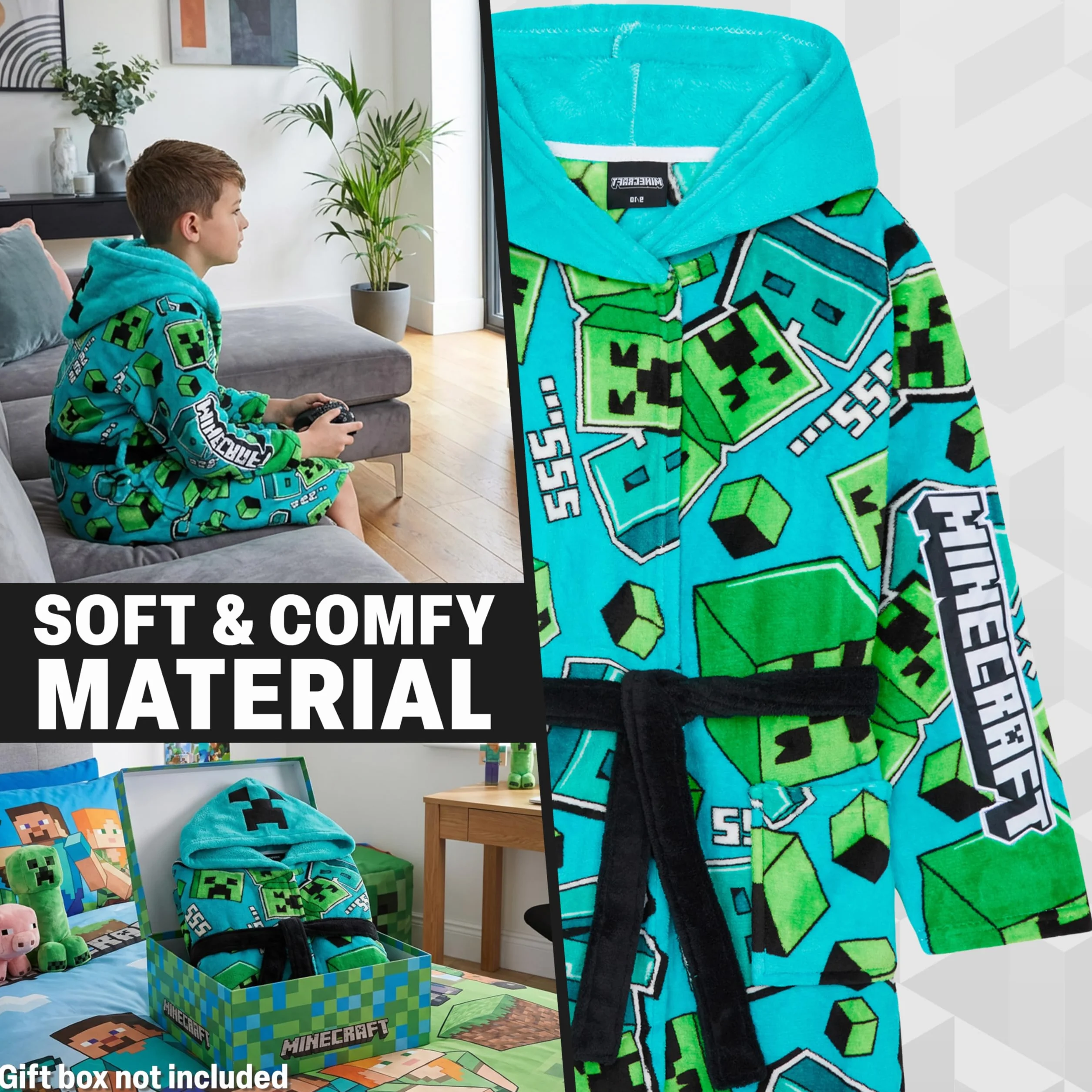Get Trend Minecraft Vestaglia Bambino e Adolescenti, Creeper Vestaglie in Pile con Cappuccio, Gamer Regalo Ragazzo