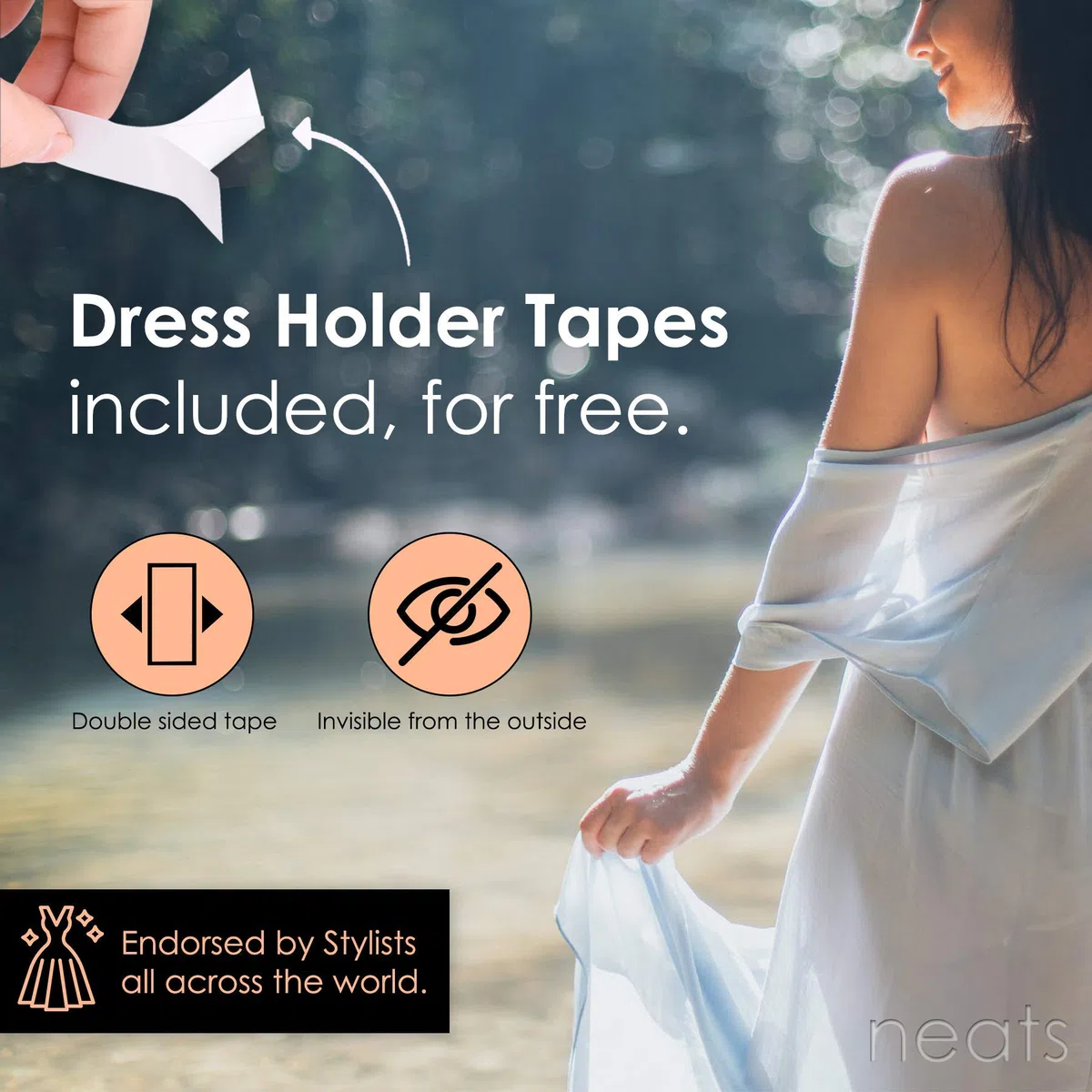 NEATS Boobytape ipoallergenico per sollevamento del seno, senza cuciture, senza spalline, per petto, corpo, vestito, top, nastro di sollevamento per donne con copertura per capezzoli e nastri alla