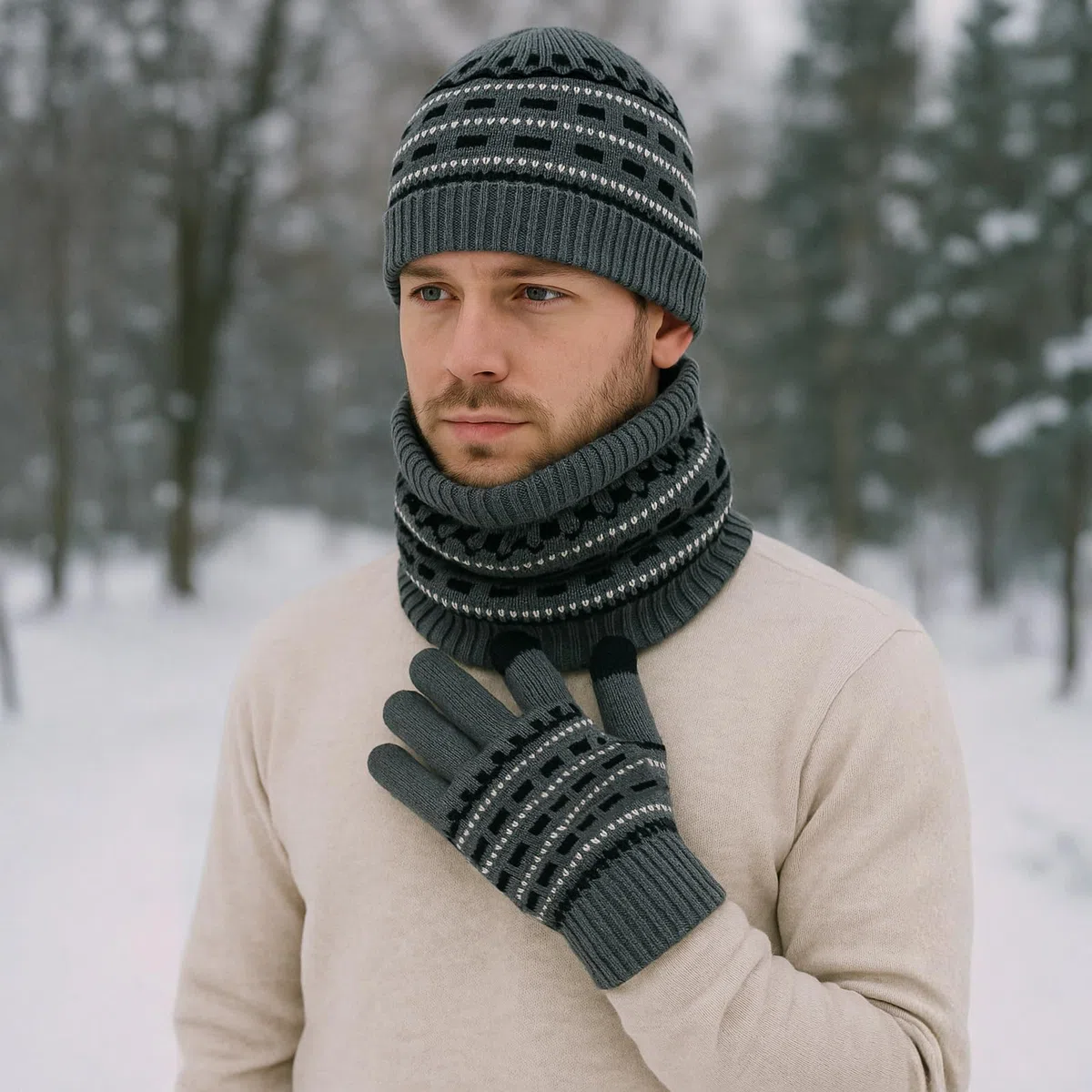 Cappello Sciarpa e Guanti Set Guanti da Uomo Touch Screen Berretto Foderato in Pile Elasticizzato Cappello Sciarpa Inverno Termico 3 PZ Set Regalo per Uomo
