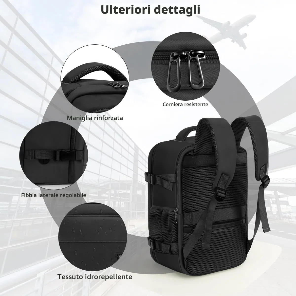 OTAHGK Bagaglio a Mano 40 × 20 × 25 per Ryanair, Zaino da Viaggio Sotto il Sedile Aereo Borsa da Cabina Voli Zaini Casual Valigia Ufficio Scolastico Lavoro Borse Adatto a Laptop da 14 pollici-Nero