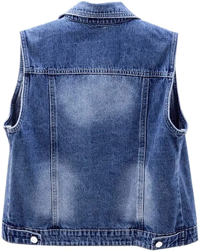 Lazutom Gilet da donna senza maniche in denim con perle e perline