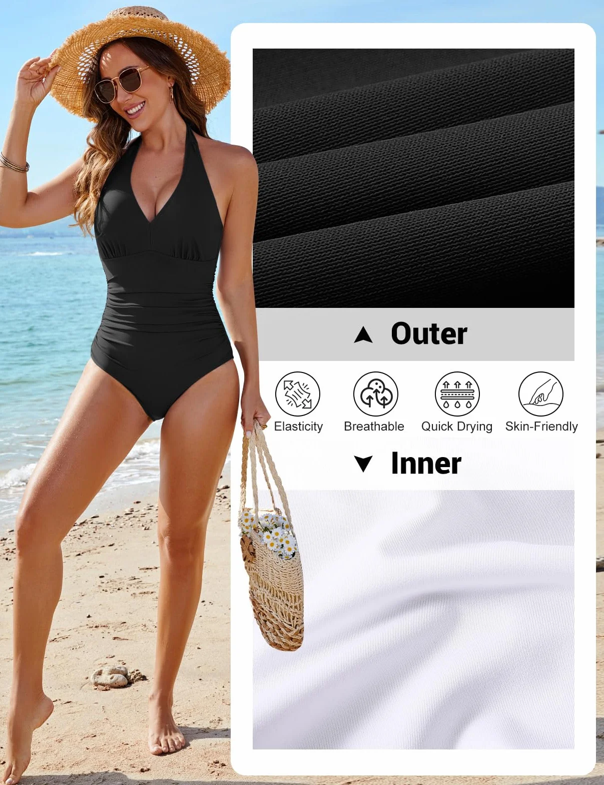 CMTOP Costume Intero Donna Contenitivo Scollo a V Costume da Bagno Push Up Imbottito Reggiseno Costumi Interi Curvy, Controllo della Pancia Vita Alta Costumi Mare Elegante Swimsuit