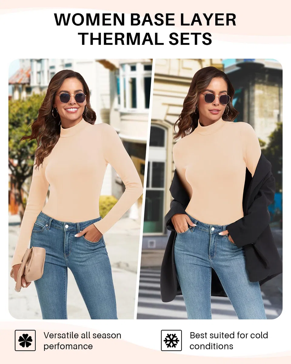 WOWENY Biancheria intima termica da donna in pile, biancheria intima invernale calda, funzionale, con colletto alto e pantaloni termici, leggings per tutti i giorni, sci, escursionismo