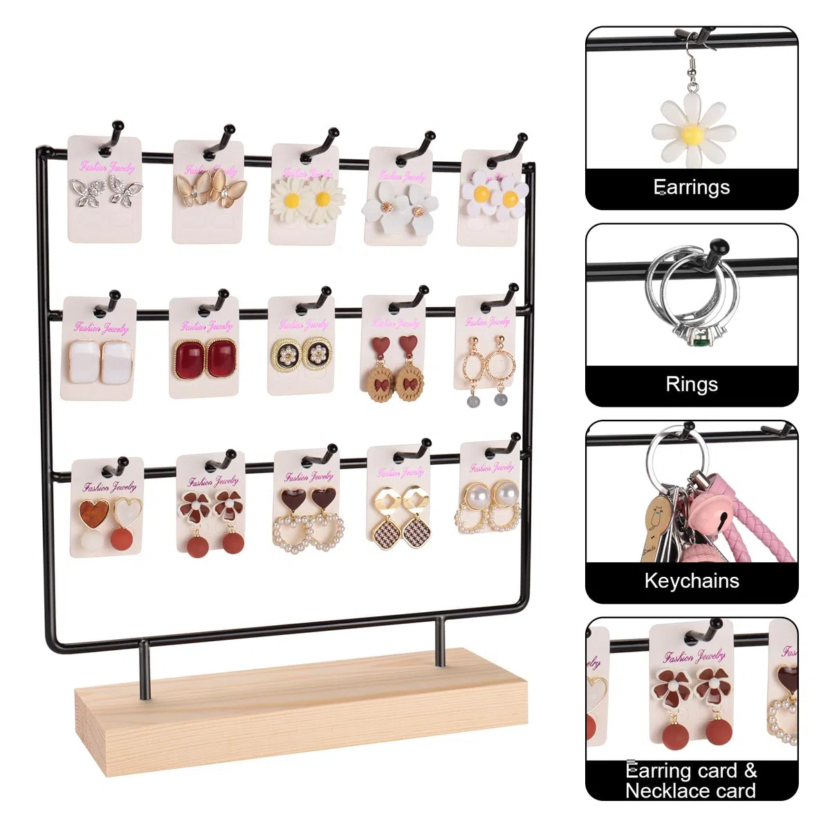 Porta Orecchini da Appendere, Espositore Orecchini con Ganci, Portaorecchini con Base in Legno (3 Livelli, 15 Ganci, Nero)