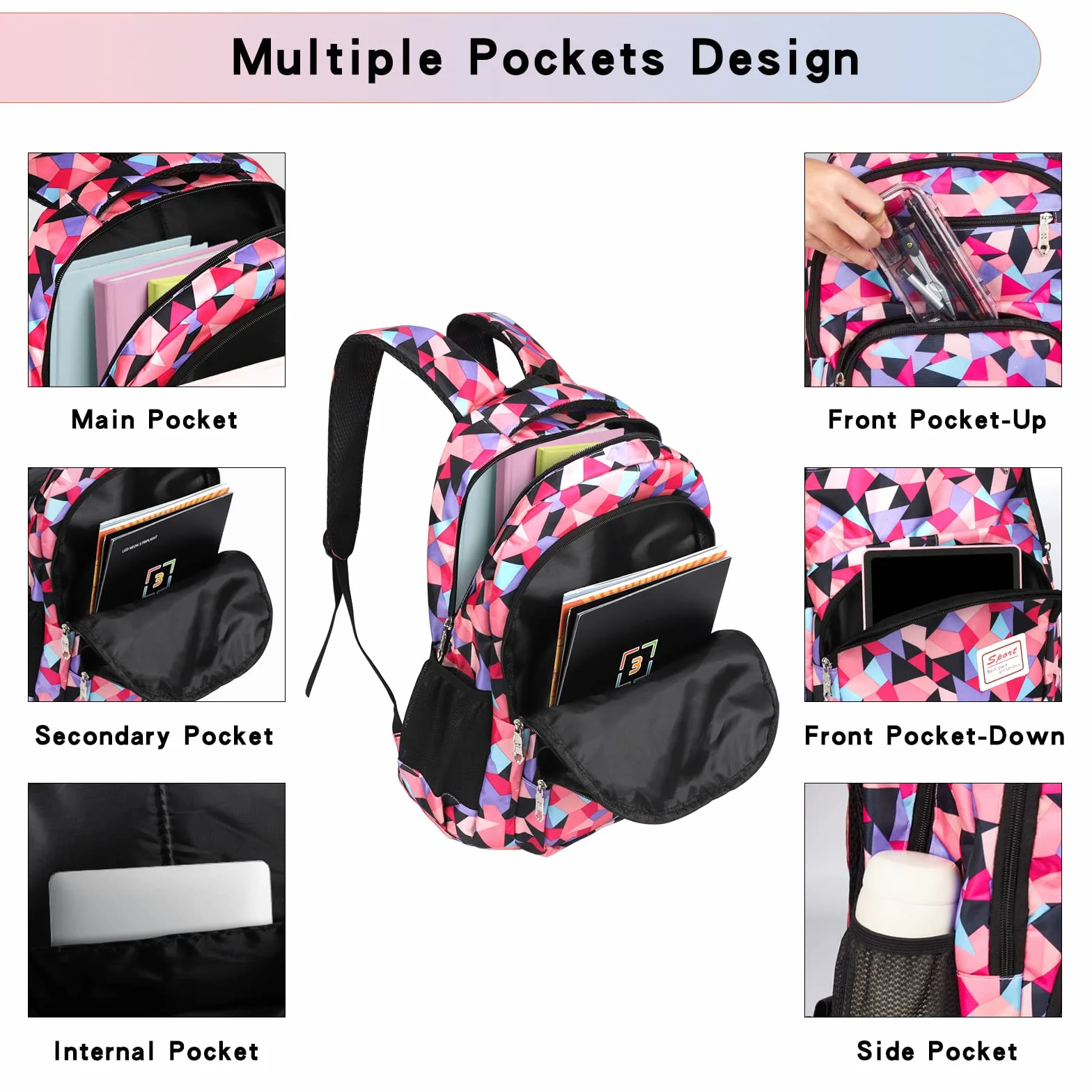 Zaino Scuola Zainetto Bambina Ragazzo per Superiore Media Università, 3 Pezzi School Bag Set Backpack Impermeabile, Grande Capacità Zainetto Ragazza Bambino per Scuola Viaggio
