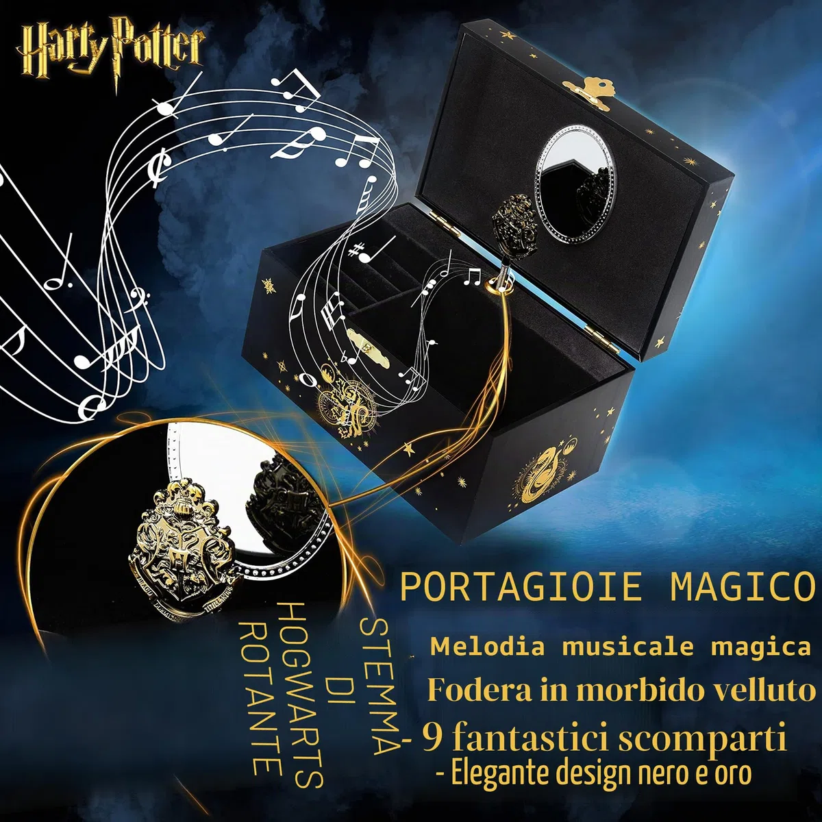 Harry Potter Portagioie Musicale per Bambina Carillon Con Stemma di Hogwarts Rotante e Specchio Gadget Originali