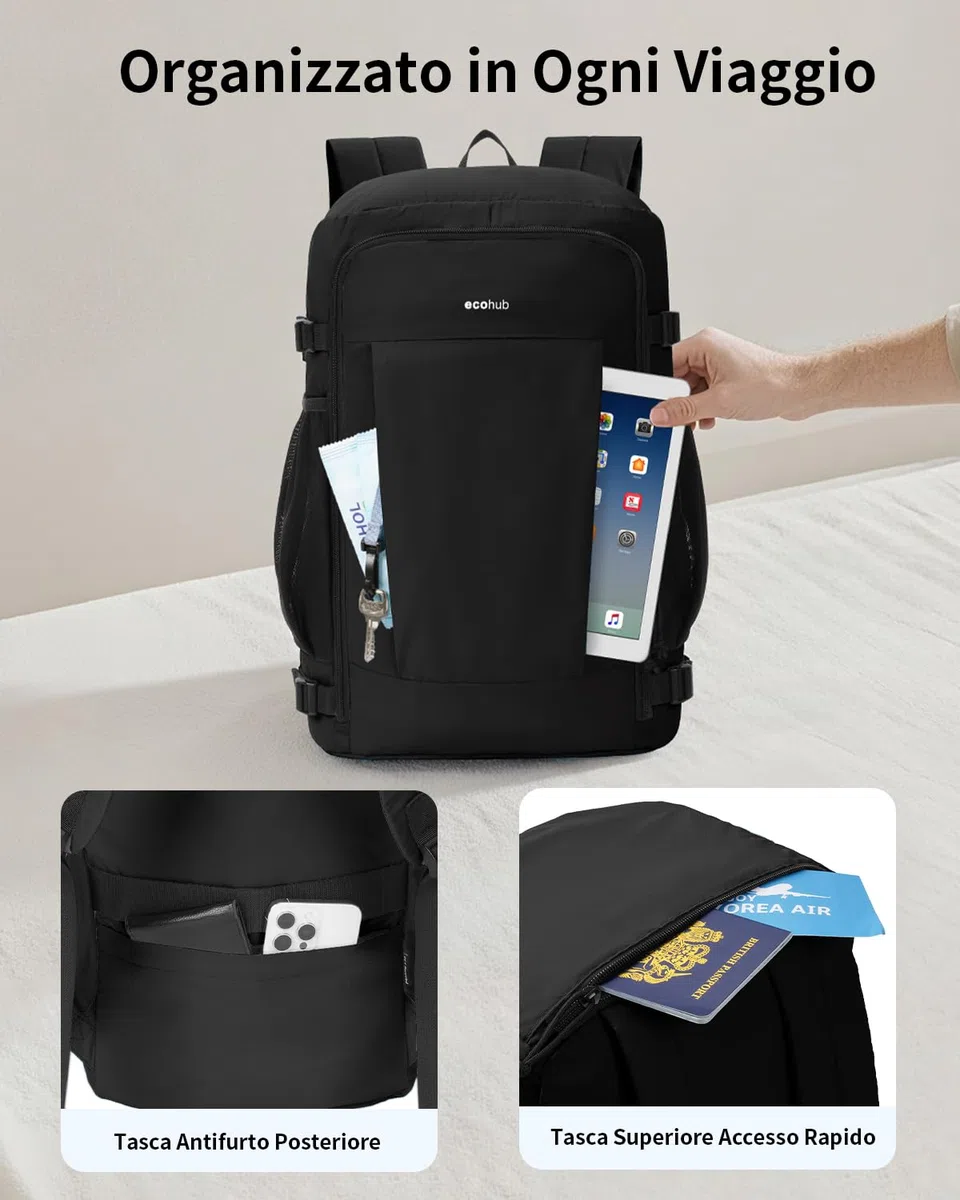 ECOHUB Zaino Ryanair 40x30x20 cm Leggero e 2 in 1, Zaino da Viaggio Pieghevole Sotto il Sedile, Bagaglio a Mano con Tasca Antifurto, Borsa da Cabina in Tessuto Riciclato per Uomo e Donna, Nero