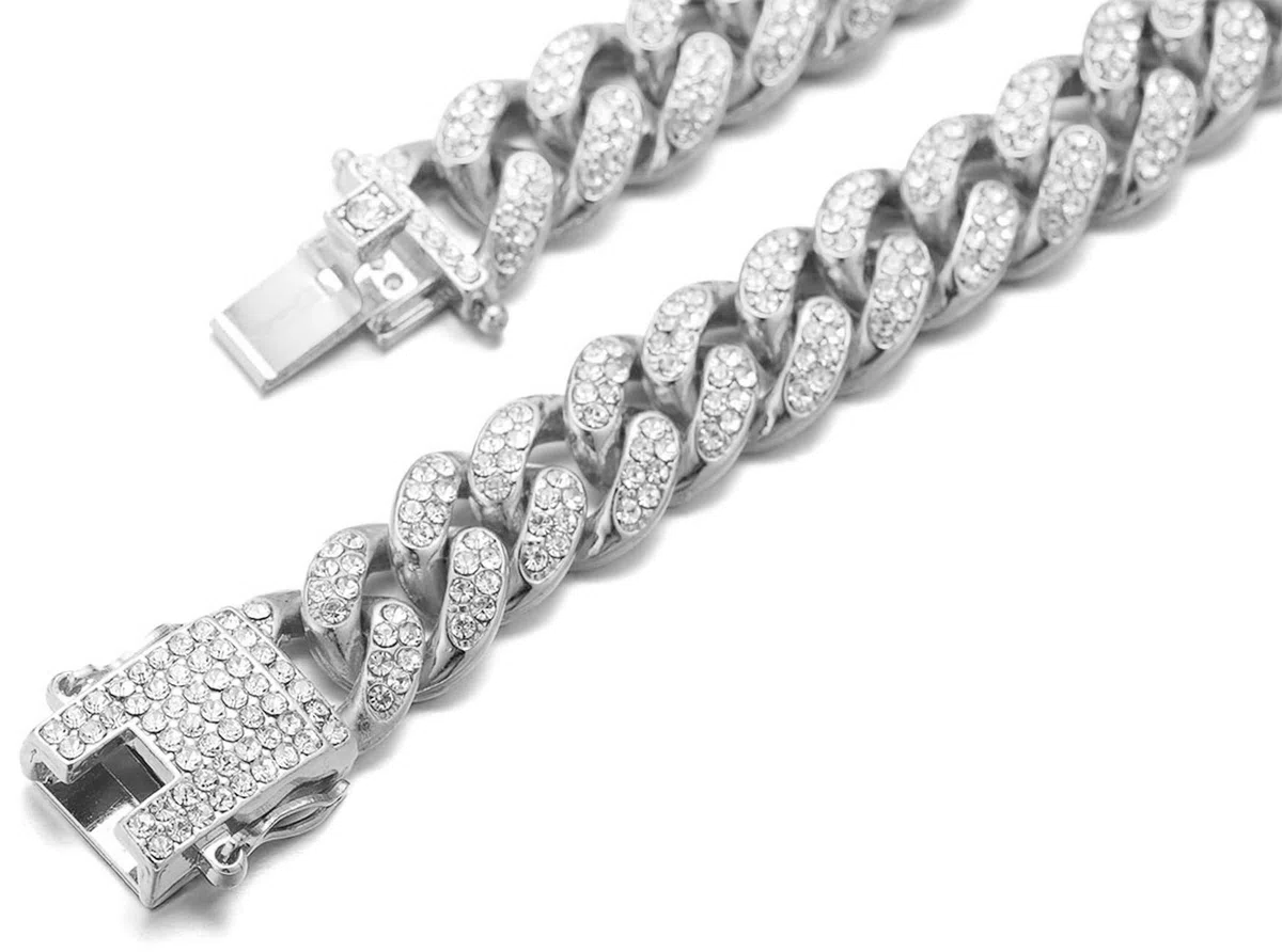 HALUKAKAH Diamante Catena Cubana per Ragazzo,14MM Ragazzi Oro Reale 18k /Platino Placcato in Oro Bianco Collana Braccialetto Diamanti da Laboratorio Set a Mano 8-15 Y/O.con Pacco Regalo Gratuita