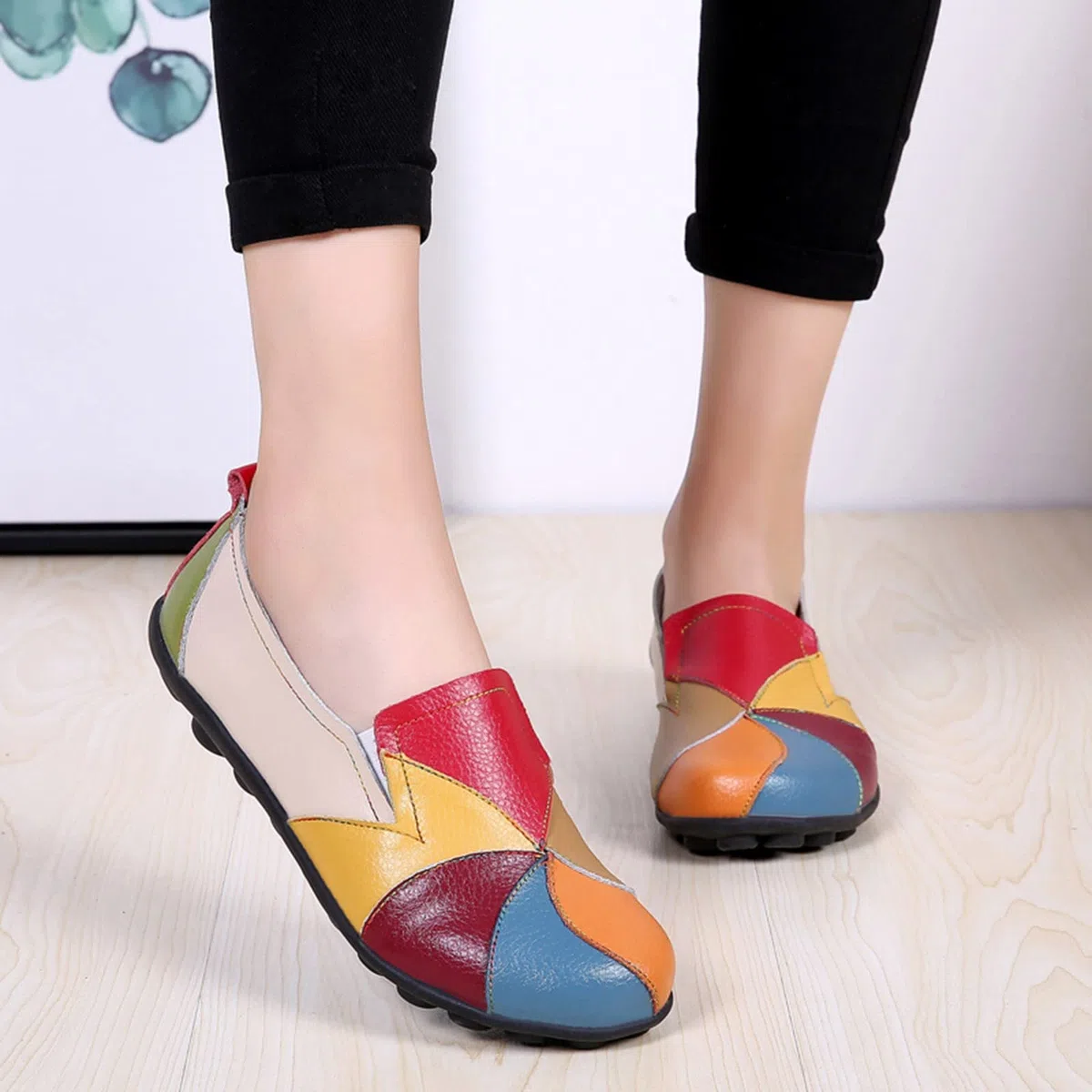 Scarpe basse da donna Loafers con patchwork colorato chiuso punta tonda scarpe basse antiscivolo slip-on in pelle mocassini suola in gomma morbida sandali casual scarpe da barca