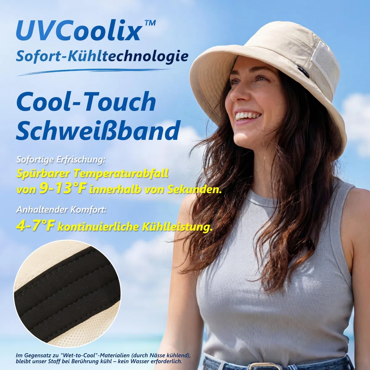 TOP-EX UVCoolix™ - Cappello da sole rinfrescante da donna con coda di cavallo, UPF 50, tesa larga, cappello da pescatore per protezione UV, impermeabile, cappello a secchiello con sottogola