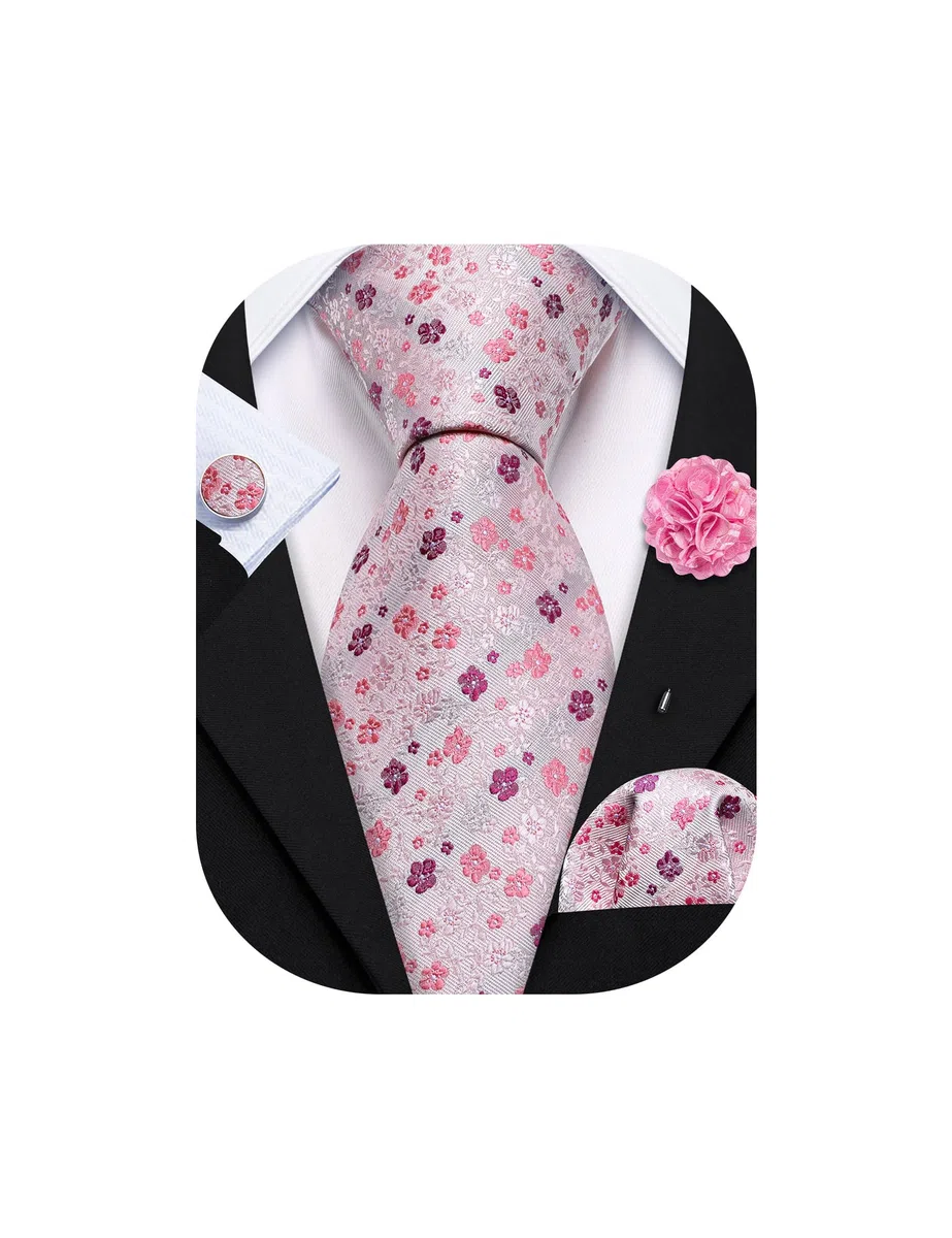 Barry.Wang Cravatta floreale con fiore spilla da uomo in seta cravatta tascabile gemelli quadrati set formale festa di nozze affari