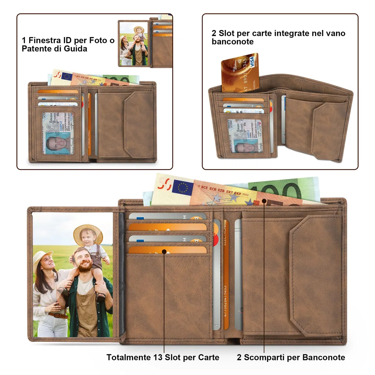 TEEHON Portafogli Uomo, RFID Pelle Portafoglio Uomo Slim con 12 Porta Carte di Credito Uomo, 1 ID Window & Foto Window, 1 Tasca Portamonete, 2 Scomparti per Banconote, Confezione Regalo - Marrone