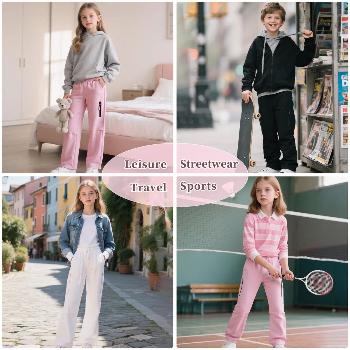 Pantaloni Cargo Ragazzo Ragazza, Cotone Morbido Pantalone Jogging Multi-Tasche, Pantaloni Tuta Baggy Traspirante con Vita Elastica Coulisse Casual Streetwear per Bambini 5-13 Anni