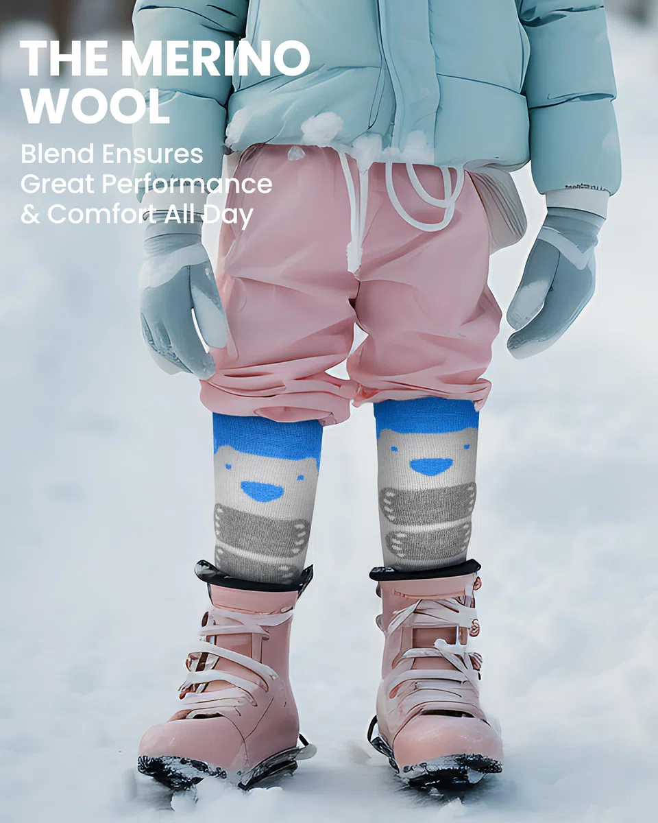 OutdoorMaster Calzini da Sci per Bambini, Confezione da 2 Calzini Termici a Compressione Invernale in Lana Merino con Ragazzi e Ragazze, Polsino Antiscivolo sopra Il Polpaccio per Sci, Snowboard