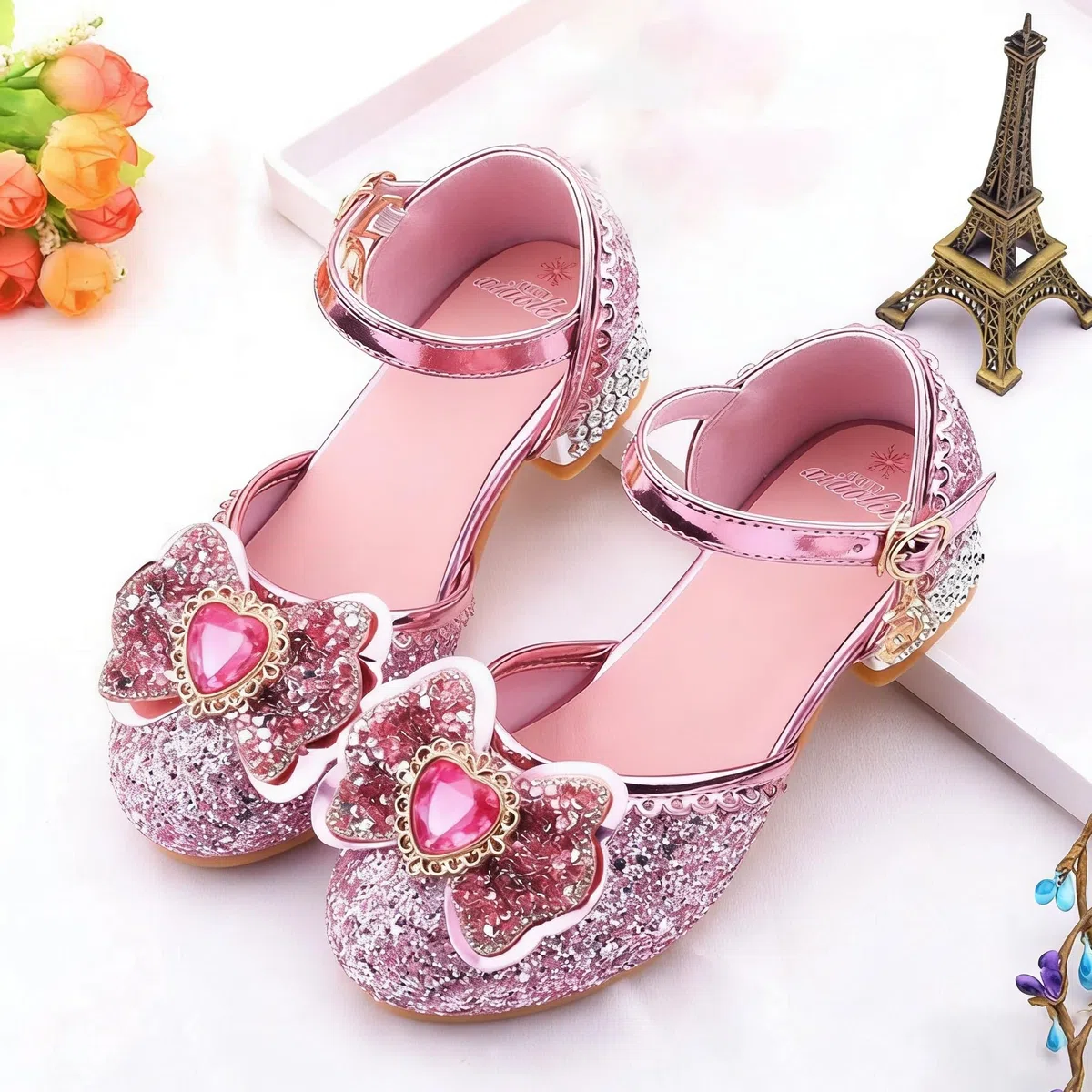 Scarpe Principessa Bambina Scarpe Tacco Bimba Glitterate Scarpe in Pelle per Ragazze Performance Scarpe di Cristallo Eleganti