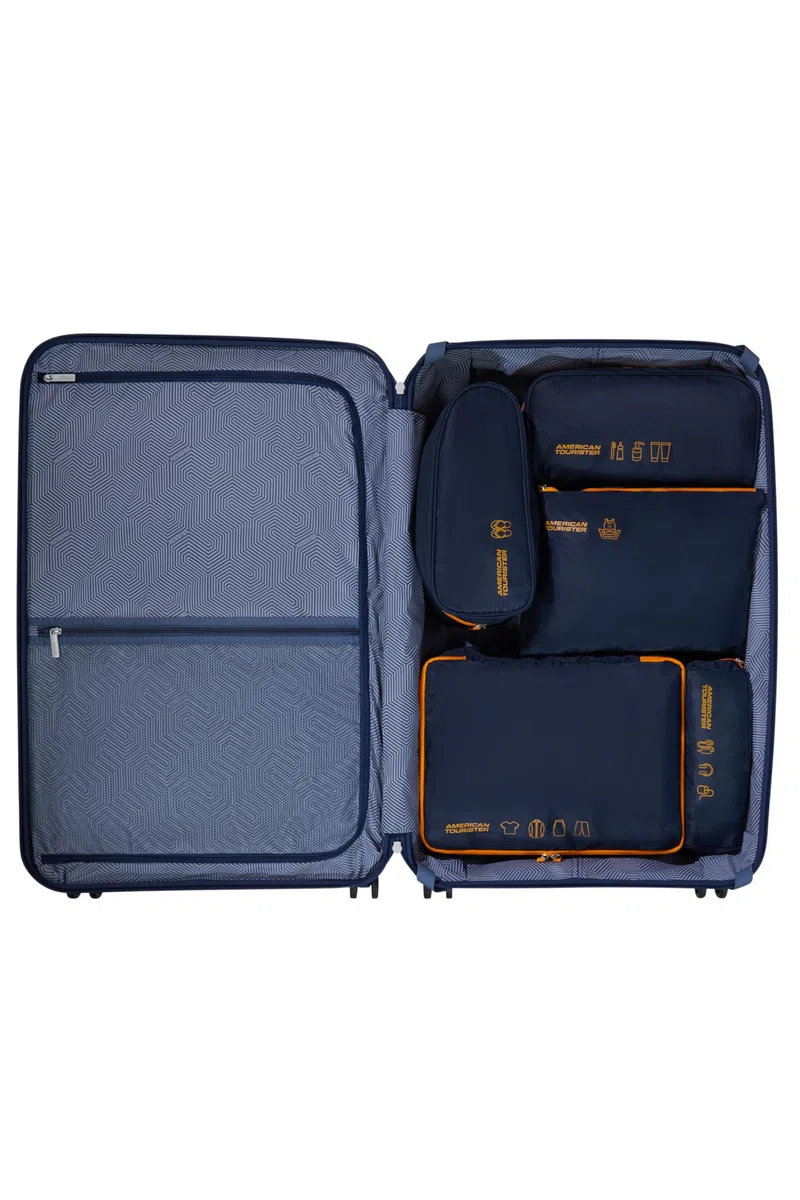 American Tourister Set di Cubi da Viaggio 5 Pezzi – Organizer da Viaggio & Organizer pr Valigia pr Vestiti, Scarpe e Accessori, Organizer pr Bagaglio e Bagaglio a Mano, Blu Scuro/Arancione