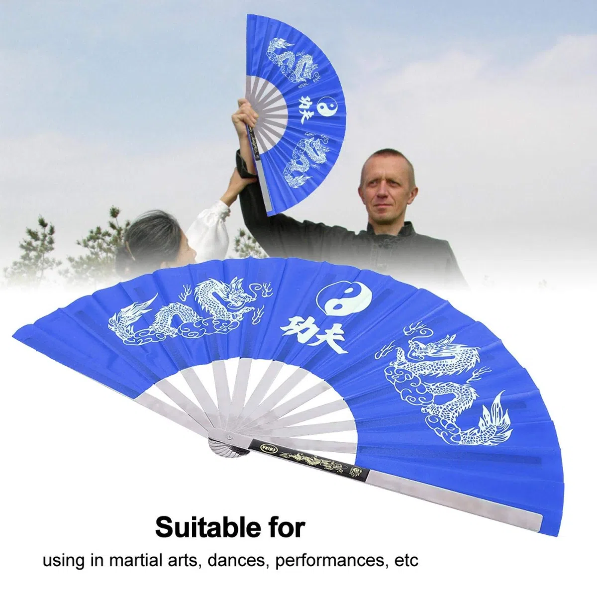 DEWIN Ventaglio Cinese, Acciaio Inossidabile Tai Chi Arti Marziali Kung Fu Dance Practice Training Perpermance Fan (Blu)