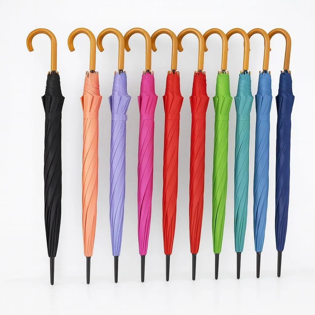 DANYX Kit 5 Ombrelli Automatici Uomo Donna – 8 Stecche Rinforzate, Manico Curvo Effetto Legno, Colori Misti Tinta Unita, Apertura 110 cm