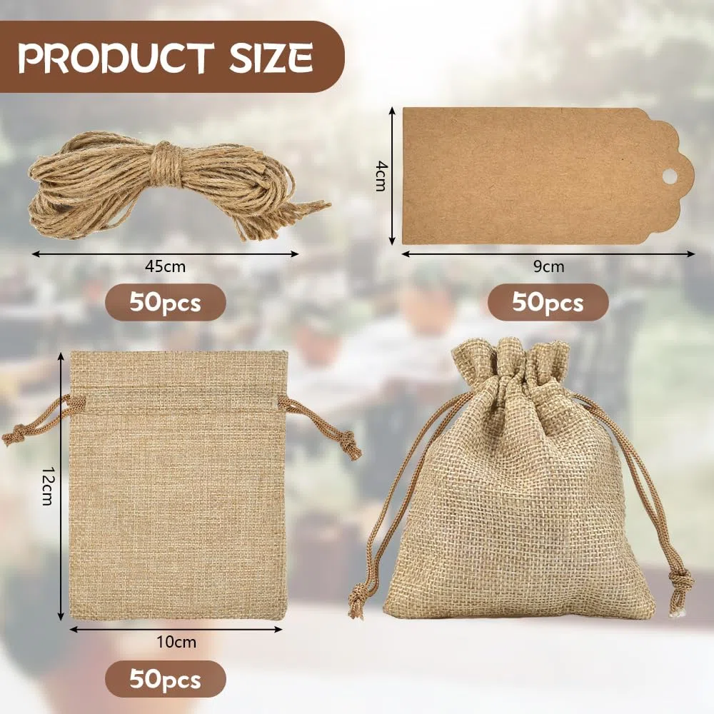LANSKYLAN 50 Pz Sacchetti di Juta con Coulisse 10*12cm - Sacchetti Regalo Riutilizzabili per Gioielli, Matrimonio, Festa, Fai da Te