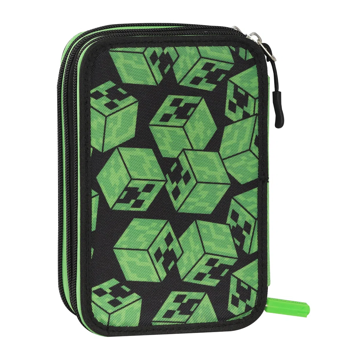 MINECRAFT - Astuccio Scuola Ufficiale Minecraft, Astuccio 3 Scomparti Bambini e Ragazzi con Set Cancelleria Incluso, 5 Etichette Adesive Portanome e Pratica Chiusura a Zip, 13x20Hx7 cm