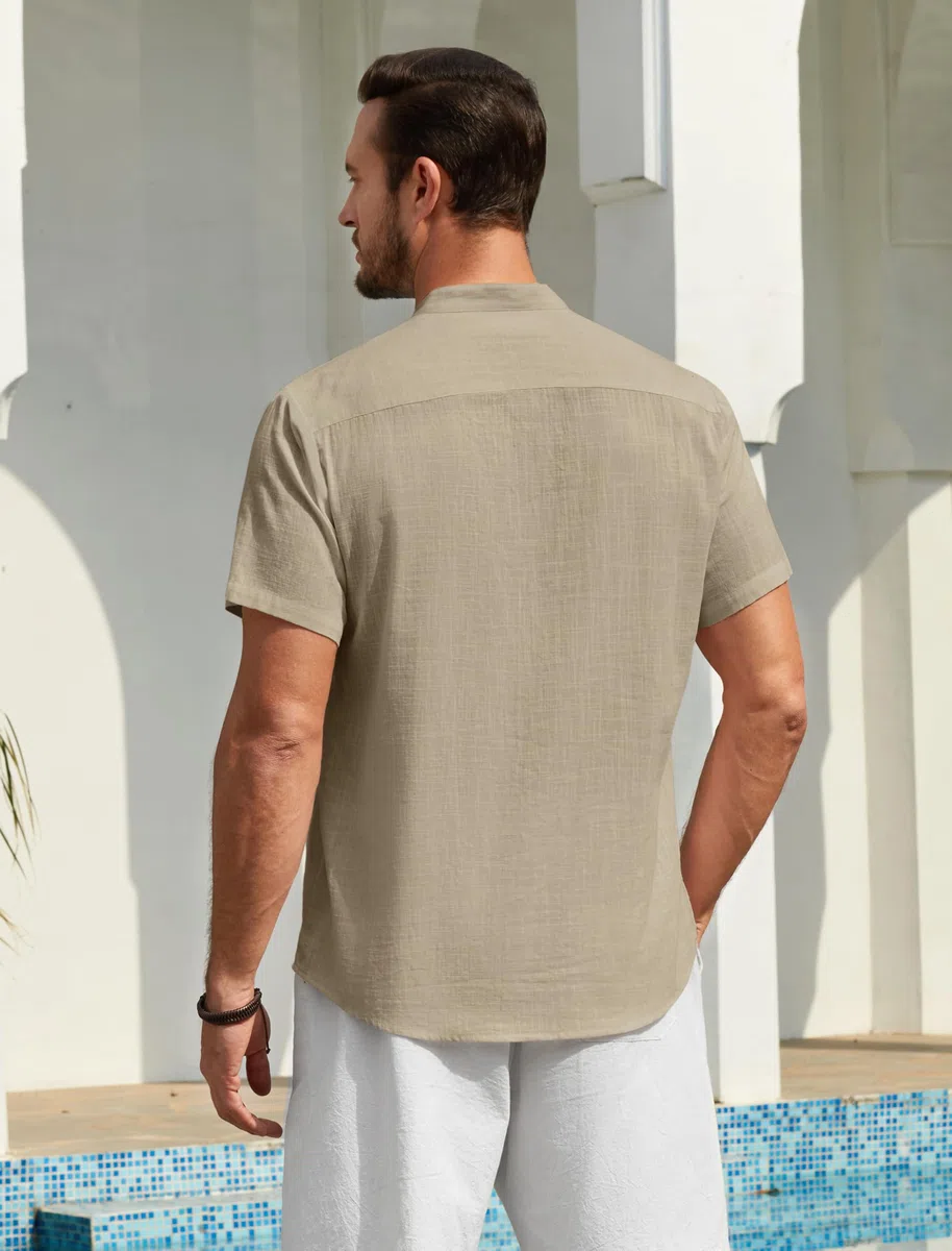 Enlision Camicia Uomo di Lino Cotone Maniche Corte Camicie Collo Coreana Casual Estiva Elegante Maglietta Serafino Tinta Unita vestibilità Ampia S-4XL