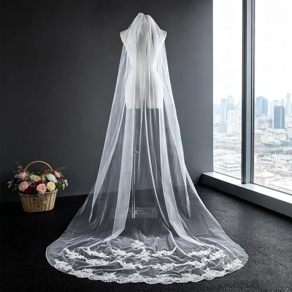 BENECREAT Veli Da Sposa In Pizzo Da 3x1.6M, Velo Lungo Da Cattedrale Bianco Pettine In Lega di Zinco per Cerimonie Nuziali Tradizionali In Chiesa