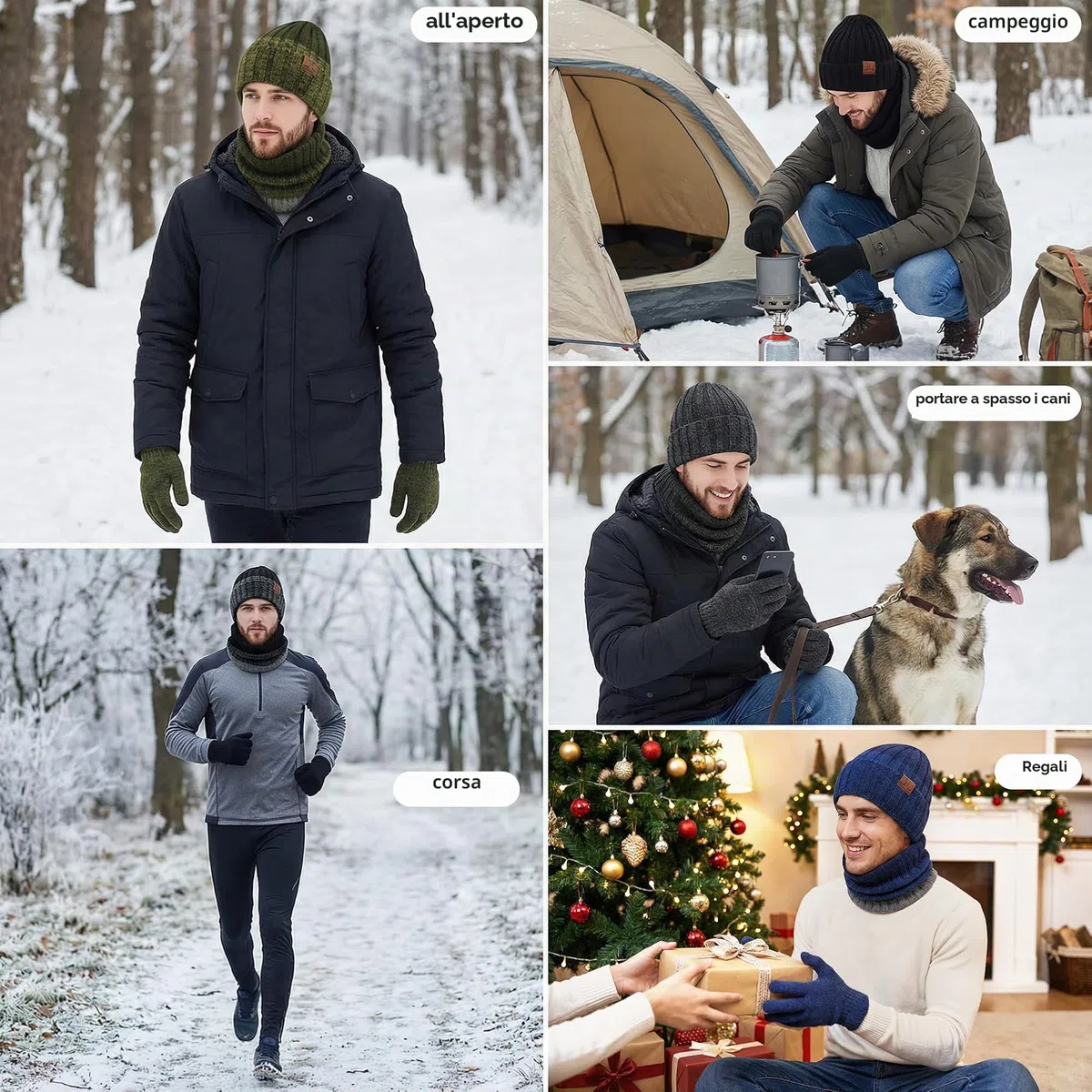 ZASFOU Set di guanti invernali da uomo, in maglia, con protezione touch screen, con cappuccio e teschio, foderati in pile