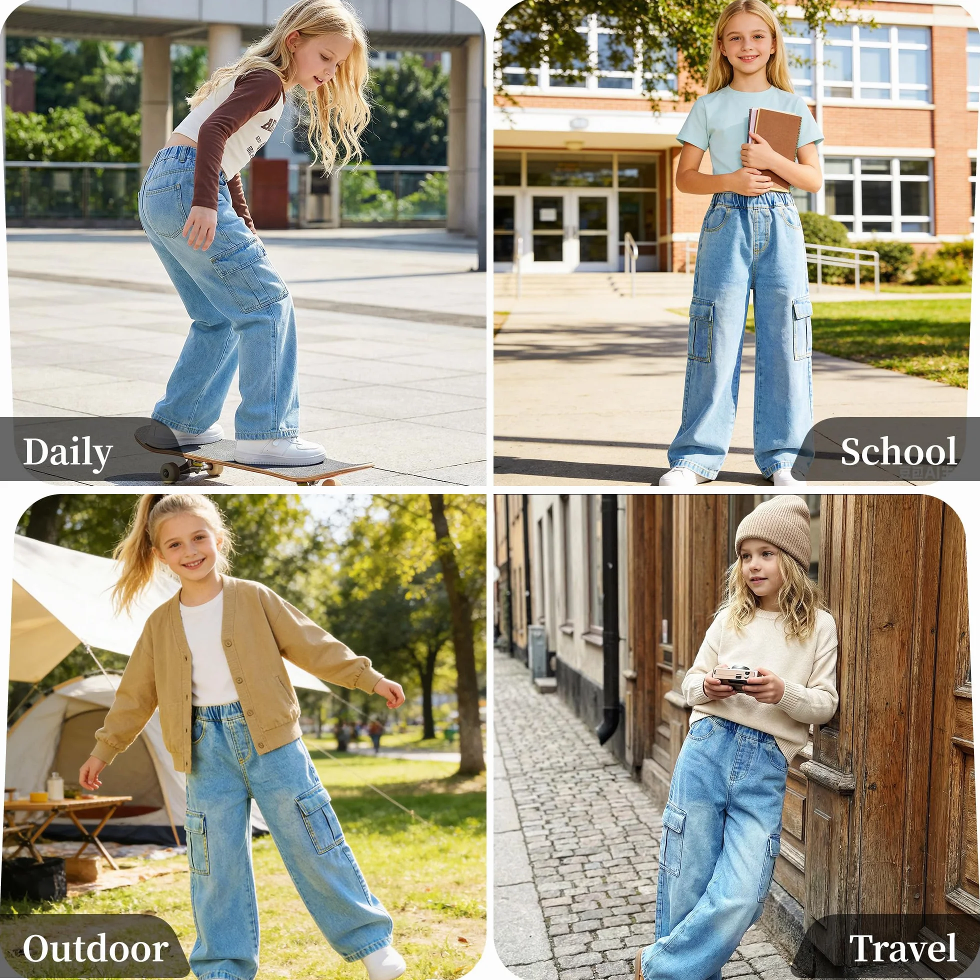 Jeans Cargo per Bambina, Baggy Denim Pantaloni Gamba Larga Lunghi Jean con Vita Elastica Loose Fit Stretch Pants con Tasche Multiple Casual Blu Pantaloni Moda Streetwear per Ragazza 7-15 Anni