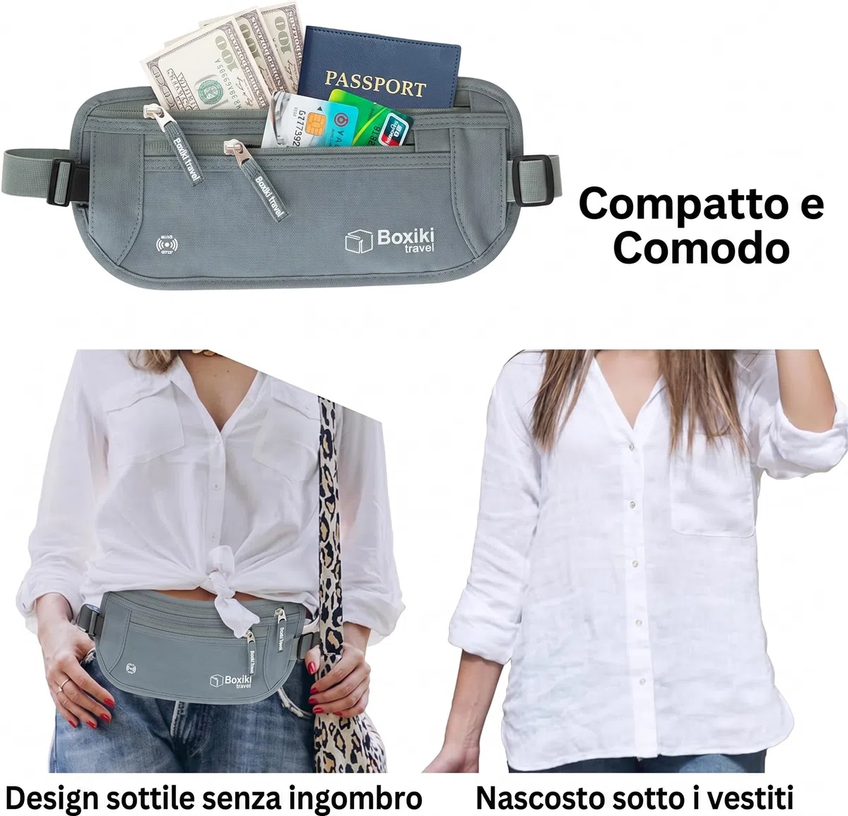 Boxiki Travel Marsupio Portasoldi Nascosto per Uomo e Donna - Marsupio a Blocco RFID per Passaporto, Portafoglio e Telefono