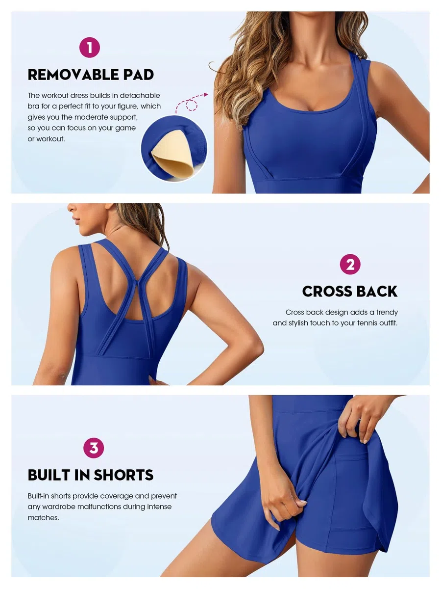 Abito da donna senza maniche 2 in 1 per tennis e golf, da allenamento, con pantaloncini integrati