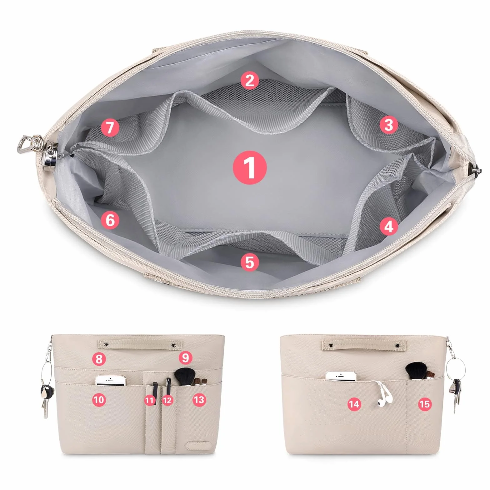 HyFanStr Organizer da Borsa Donna, Poliestere impermeabile Organizzatore Interno Purse, Organizer Borse con tasca con Chiusura Cerniera e Portachiavi Beige (M)