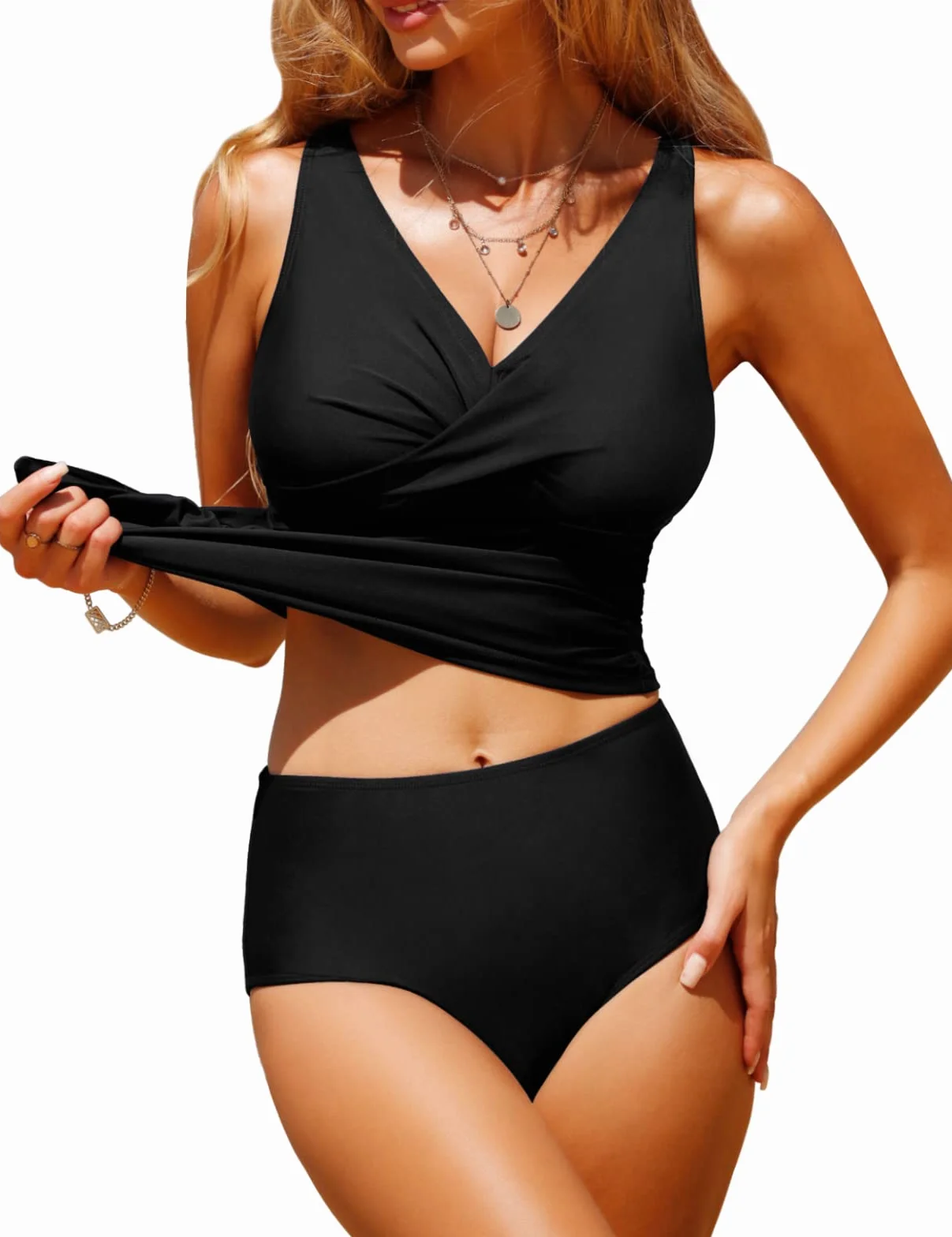 UMIPUBO Costume da Bagno Donna Due Pezzi Scollo a V Tankini Set Imbottito Reggiseno Sexy Push up Bikini Costumi da Mare Donna Vita Alta Beachwear Swimwear Spiaggia