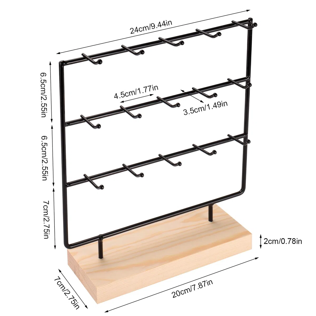 Porta Orecchini da Appendere, Espositore Orecchini con Ganci, Portaorecchini con Base in Legno (3 Livelli, 15 Ganci, Nero)