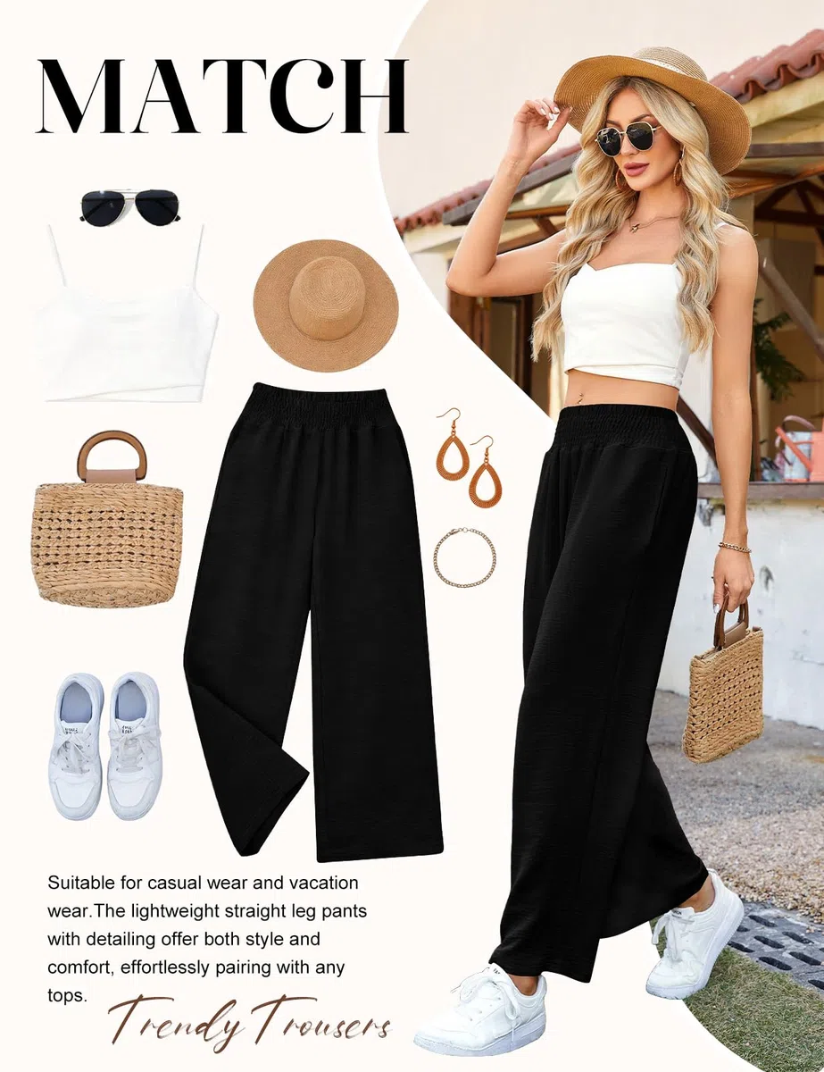 HEEKPEK Pantaloni Donna Estivi Leggeri Pantaloni Comodi Larghi Casual Elastico Vita Alta Solido Sciolto Lunghi Palazzo Pantaloni Gamba Dritta Casual Spiaggia Jogging con Tasche