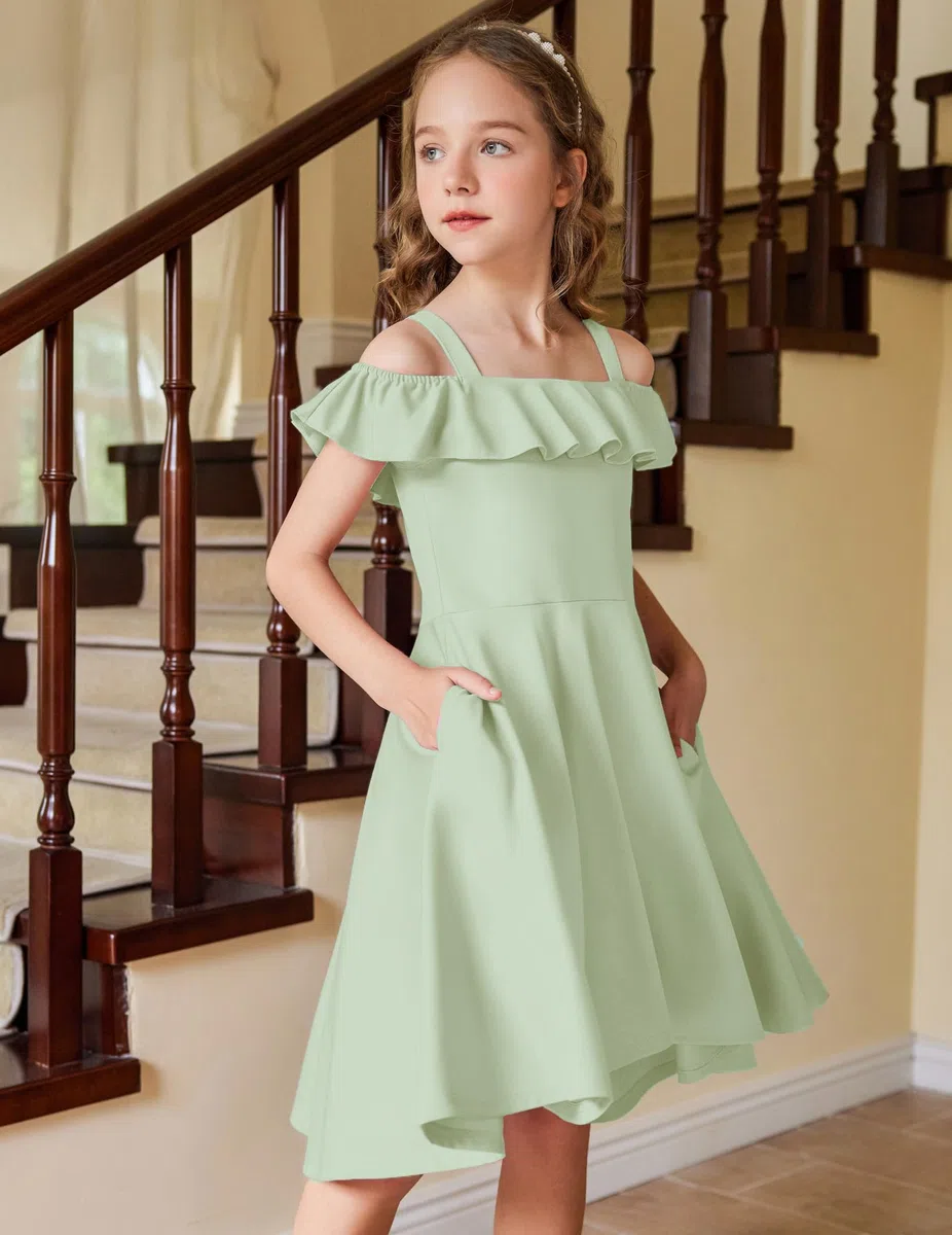 Arshiner Vestito Estivo per Ragazze Bambini Maniche con Volant Elegante con Cinghie Abiti per Bambini Linea A Abito Alto Basso Casual con Tasca 4-13 Anni