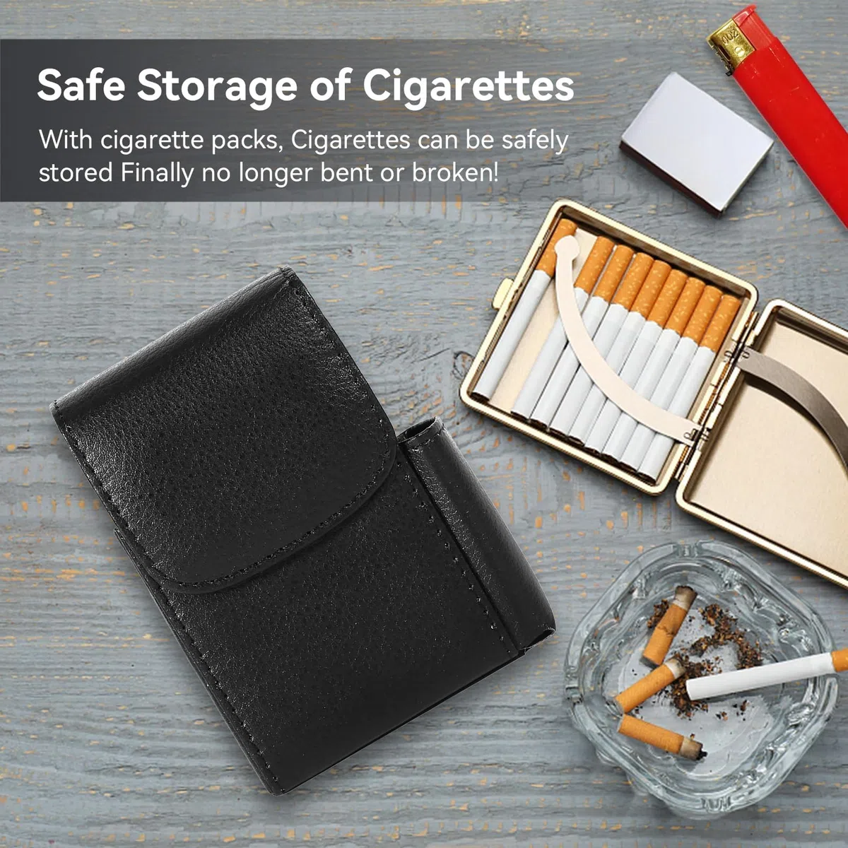 HERCHR Porta Sigarette con Porta Accendino, Portasigarette in Pelle PU con Borsa più Leggera, Custodia per Tabacco, Custodia per Donne e Uomini, Custodia per Sigarette, Porta Sigaretta (Nero)