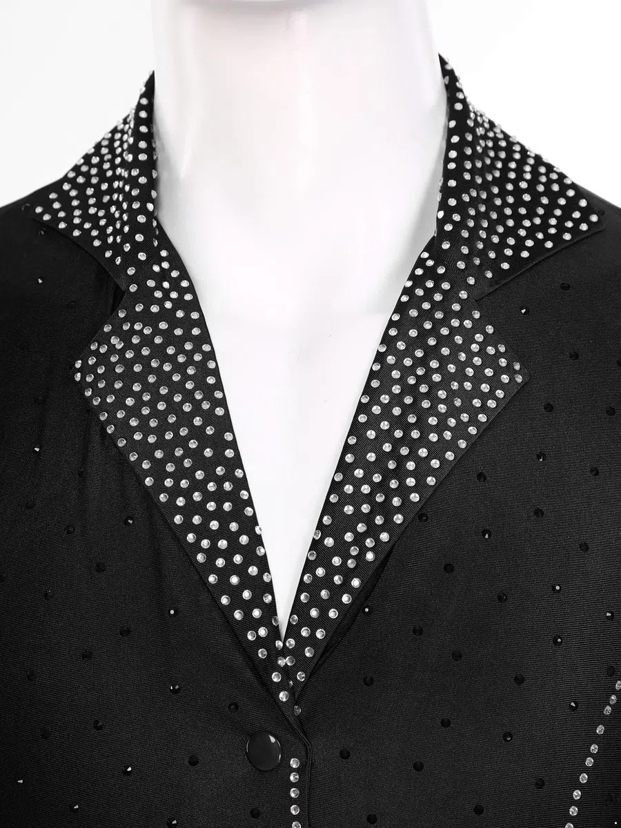 Completo da Ballo Latino Americano Uomo Camicia Body da Ginnastica Leotard con Strass e Nappa Pantaloni a Zampa Vestito da Ballo Valzer Samba Rumba Dancewear