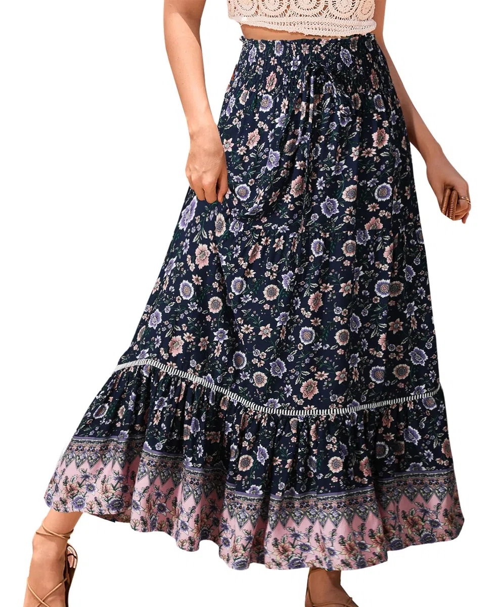 Genfien Gonna Donna Pieghettato Retro Maxi 2 in 1 Elegante Elastico Vita A-Linea Bohemien Sciolto Abiti da Spiaggia Vacanze Estate Casual