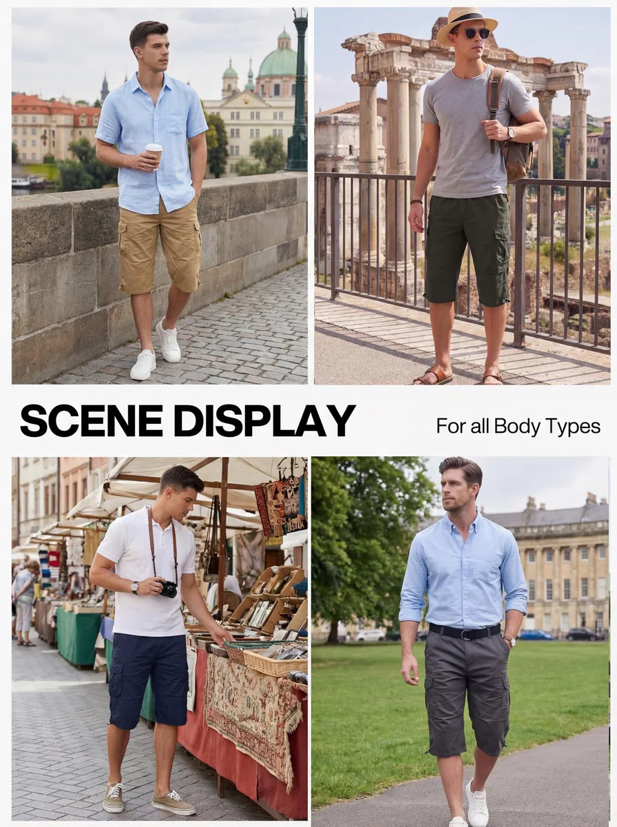 TACVASEN Pantaloncini Cargo in 100% Cotone 3/4 Casual con Molte Tasche per Uomo