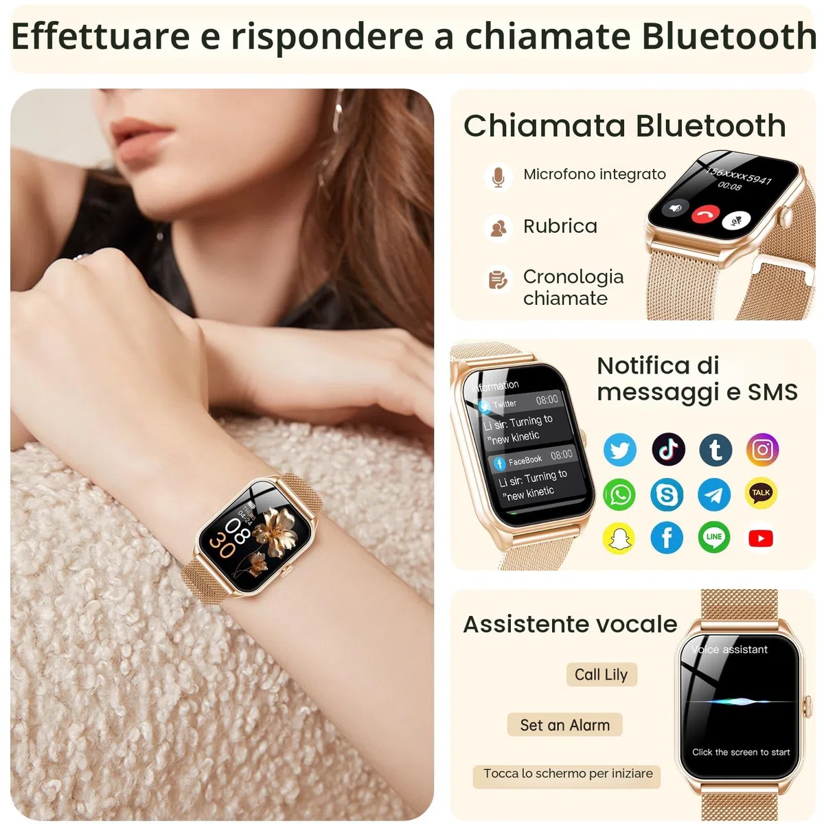 Smartwatch Donna, 1,83" HD Orologio Smartwatch Donna con Chiamate Bluetooth, 120+ Modalità Sport, Monitoraggio Salute 24/7, Impermeabile IP68, Fitness Tracker Compatibile con Android e iOS, Oro rosa