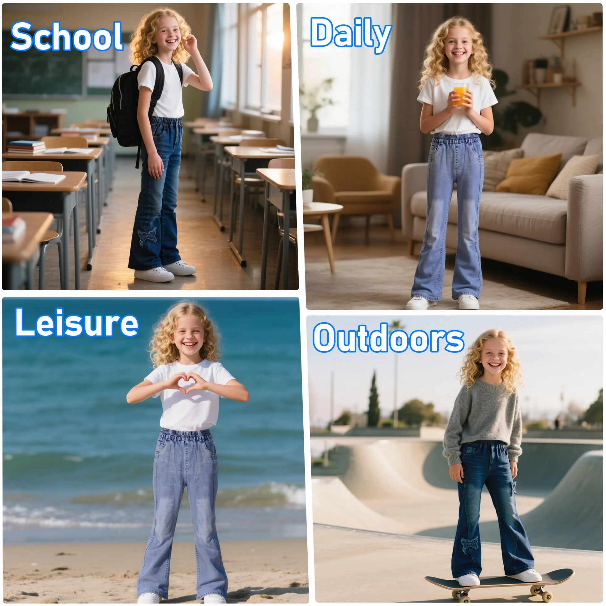 Ragazze Flared Jeans, Larghi Denim Pantaloni Bambina Baggy Gamba Larga Elasticizzati Vita Alta Lunghi Jean Ragazza Loose Fit Casual Pants Moda Streetwear, 6-15 Anni