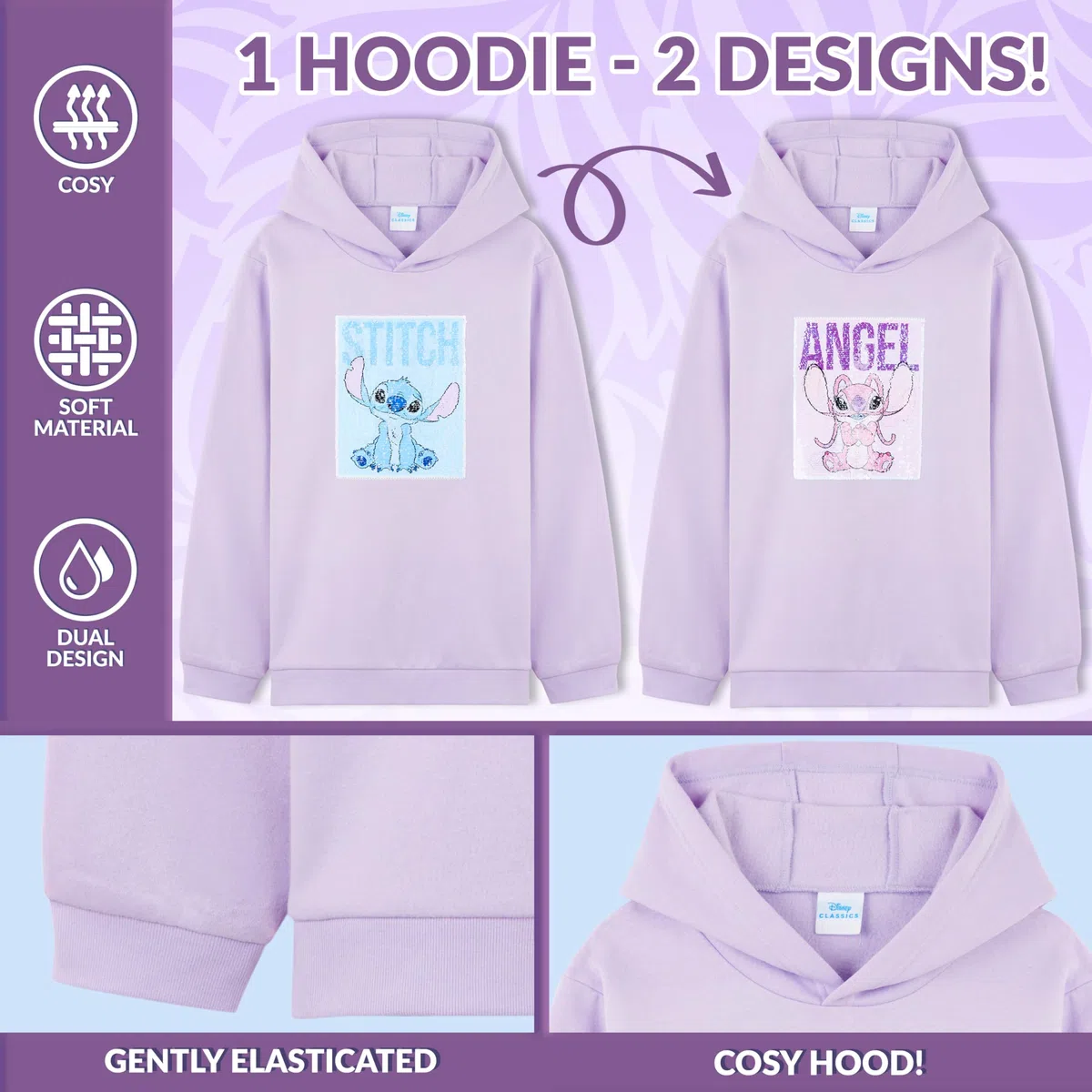 Disney Stitch Felpa con Cappuccio per Ragazza Adolescenti, Morbida Abbigliamento Paillettes Reversibili Felpe Ragazzo, Idee Regalo Bambini