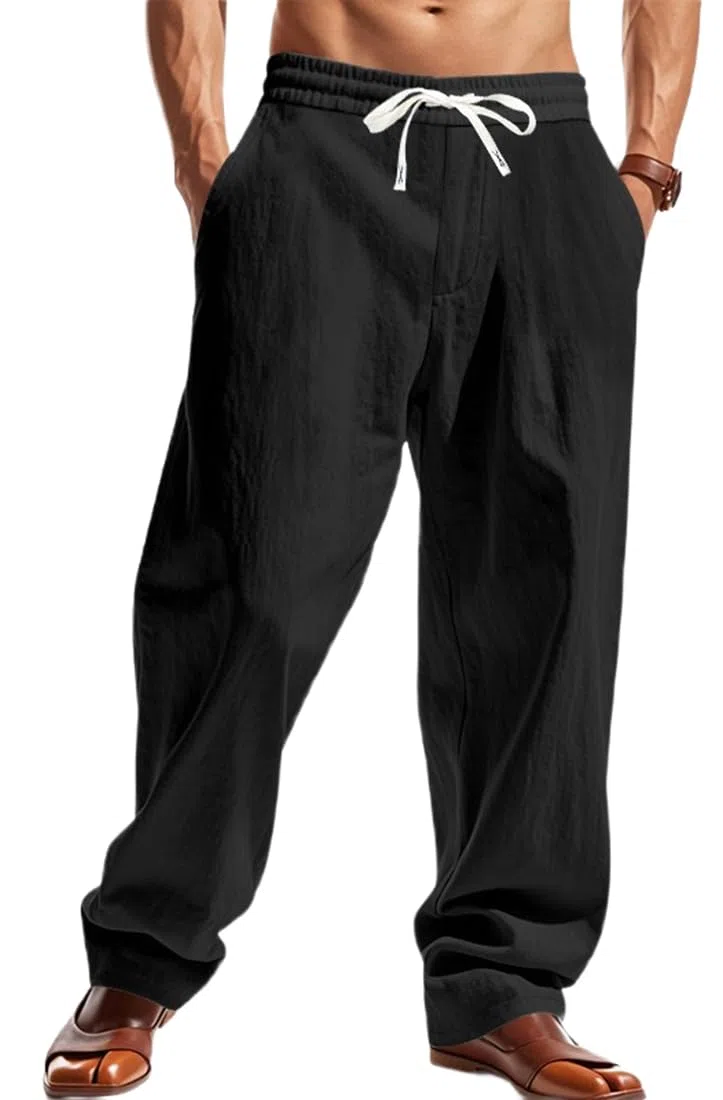 Pantaloni Lino Uomo Estivi Lunghi con Tasche e Coulisse Casual Pantaloni Uomo Leggeri Larghi Comodo con Elastico in Vita Loose Fit Pantalone Yoga Spiaggia