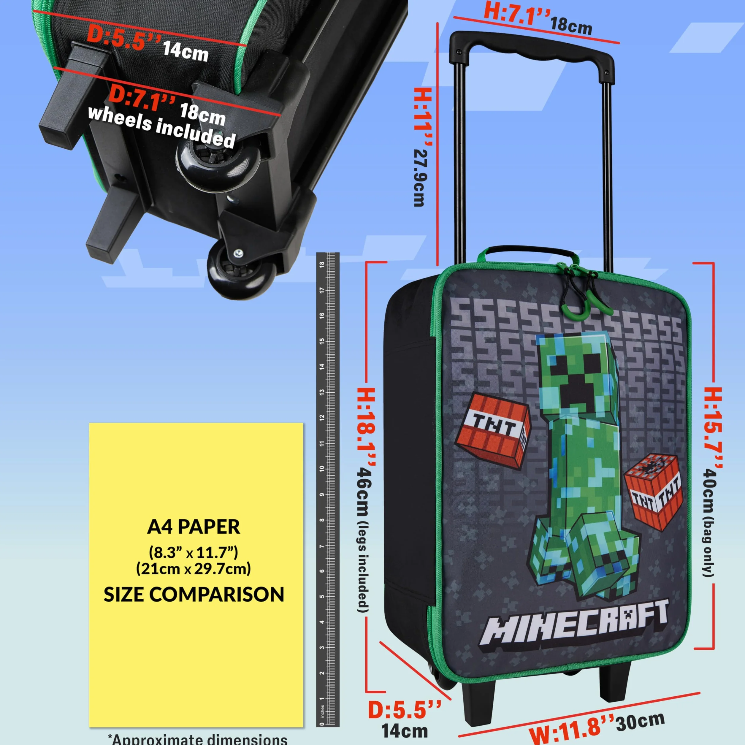 Minecraft Valigia Bambino con Ruote Creeper Pieghevole Trolley da Viaggio Morbido Valigie Bambini Accessori Viaggio, 46x30x18cm, 15L (L46cm x W30cm - 15L, Nero)