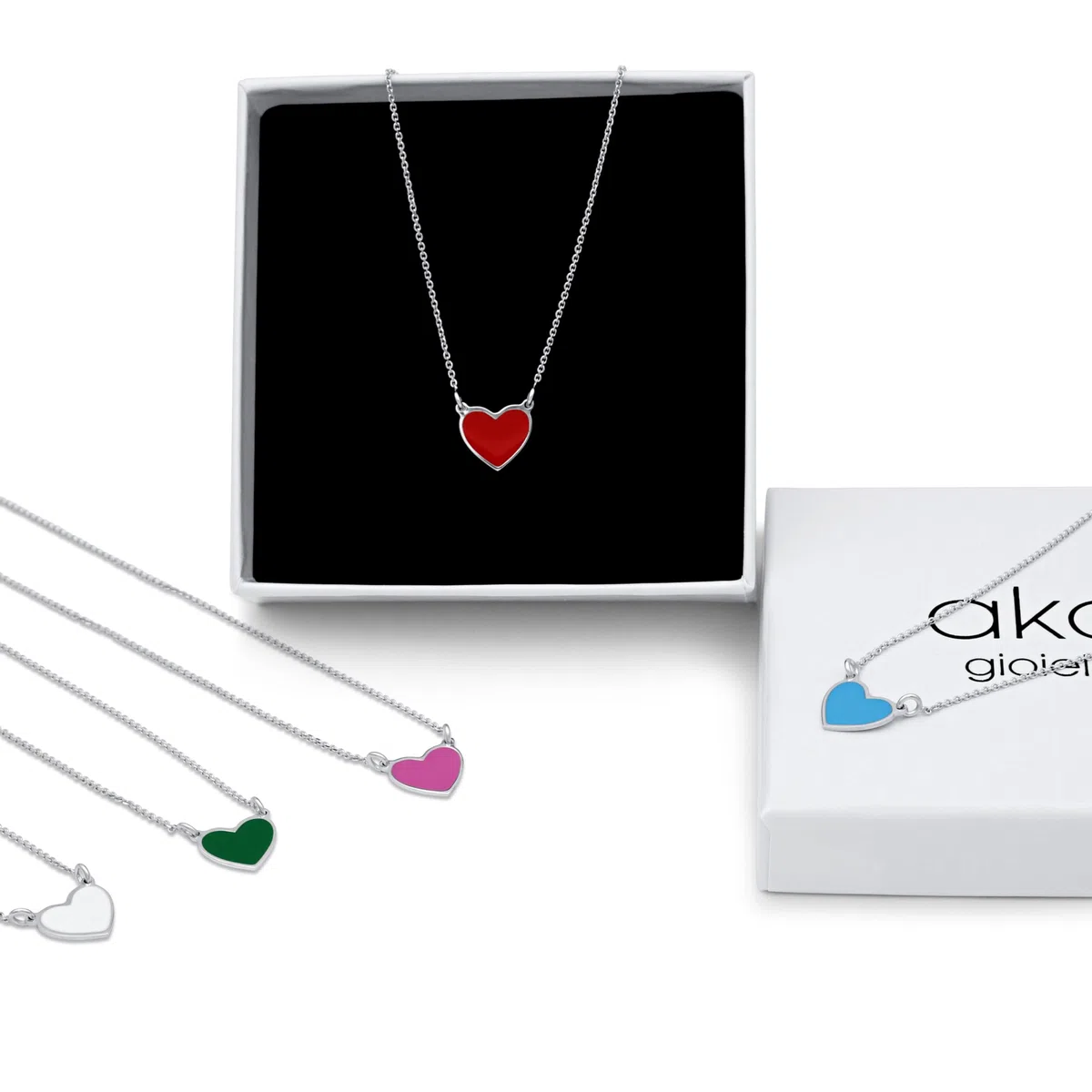 Aka Gioielli® - Collana con Ciondolo Cuore Colorato in Argento 925 Rodiato, Smaltato Dipinto a Mano, Regalo Donna e Ragazza