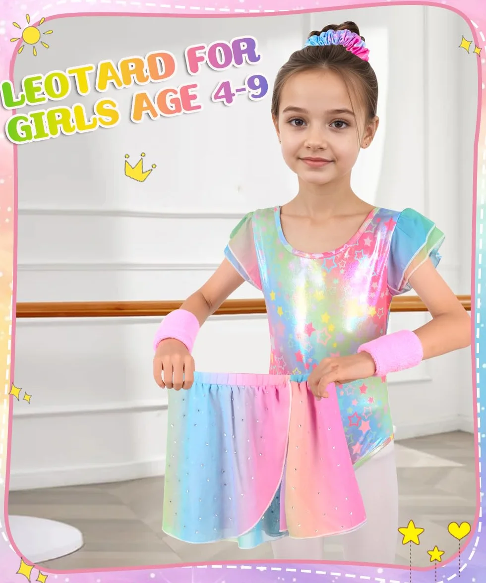 Body Ginnastica Artistica Bambina, Set 5 Pezzi con Body Senza Maniche, Pantaloncini, Fascia Capelli, Polsini, Completo per Ginnastica, Danza e Spettacoli, 4-9 Anni