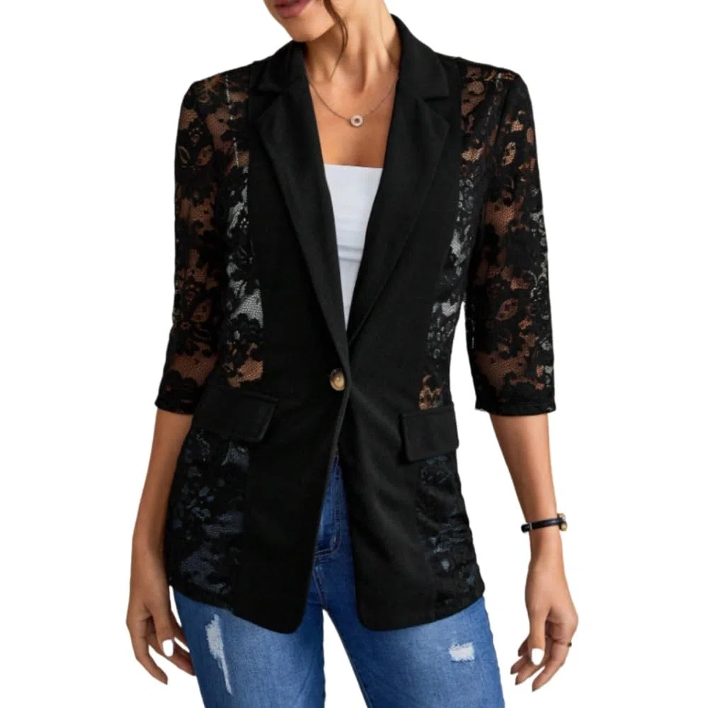 Blazer da Donna in Maglia di Pizzo schiacciato Patchwork di Pizzo Blazer a Sette Maniche 2024 Giacca da Ufficio da Lavoro Leggera a Sette Maniche con Risvolto Estivo